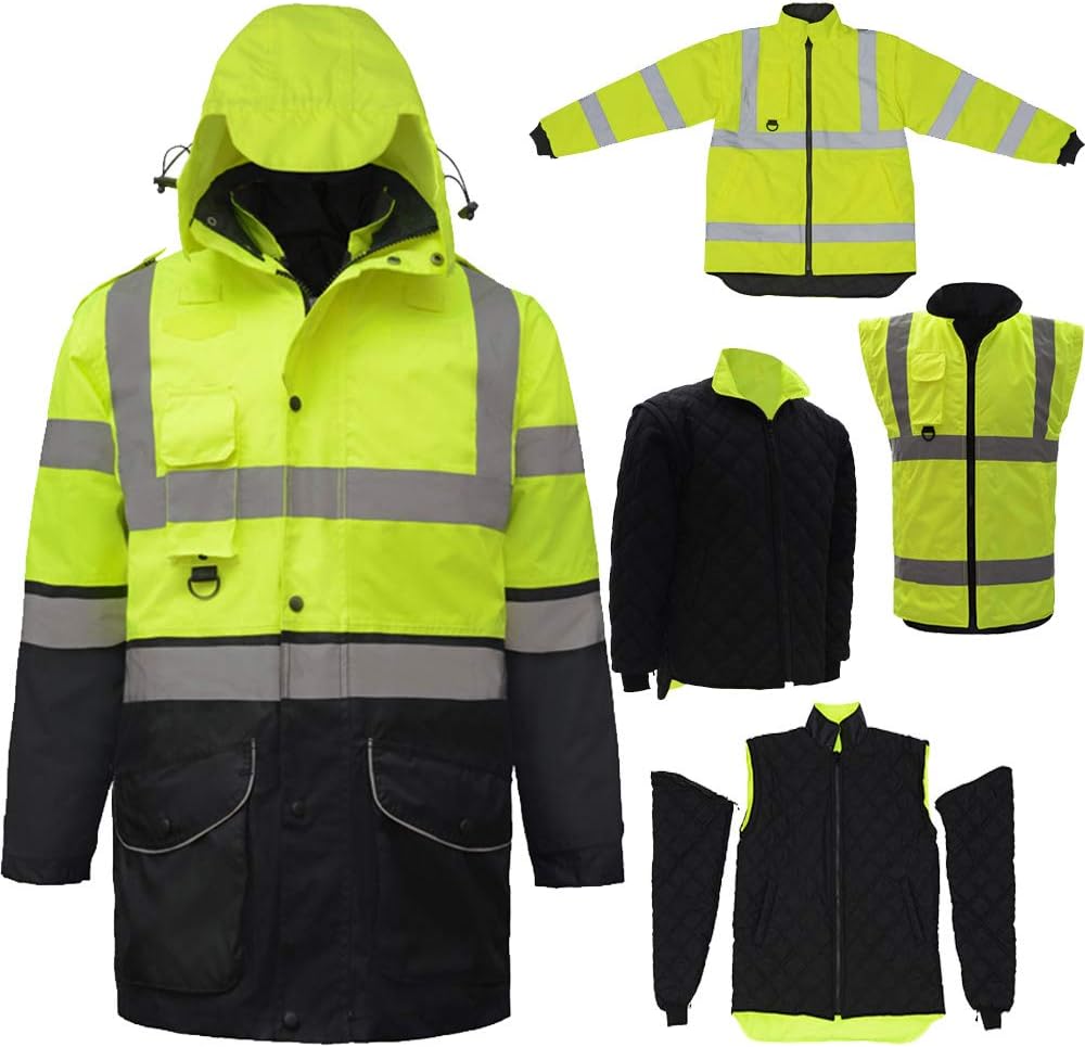 ANSI Class 3 High Visibility 7 in 1 Safety Winter Jacket For Men Safety Coat Traffic Reflective Parka Jacket