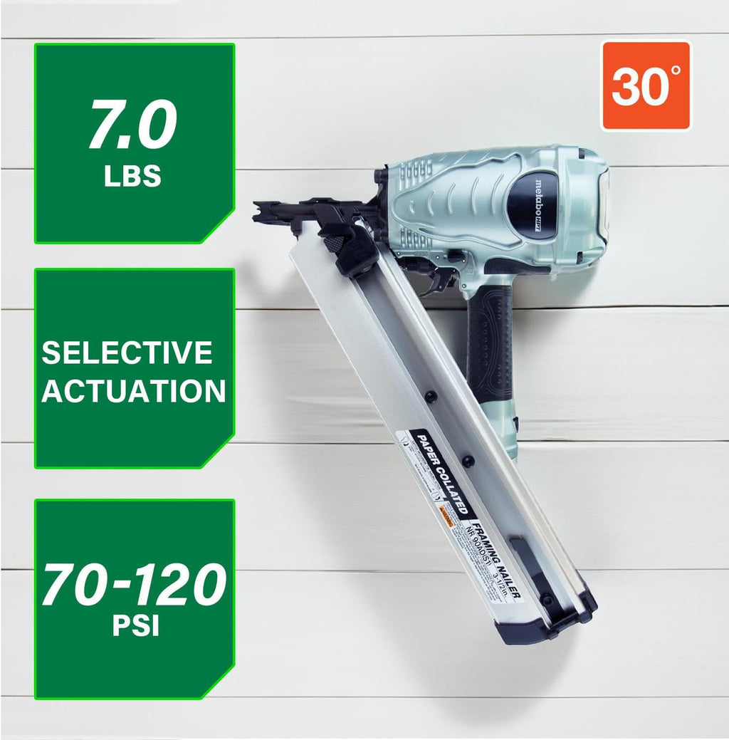 Metabo HPT Framing Nailer, Pro-Preferred Framing Tool for Flooring, Truss Build-Up, Roof Decking, and Housing Construction, Quick Switch Nailing, 3-1/2' 30° Paper Collated Nails, NR90ADS1