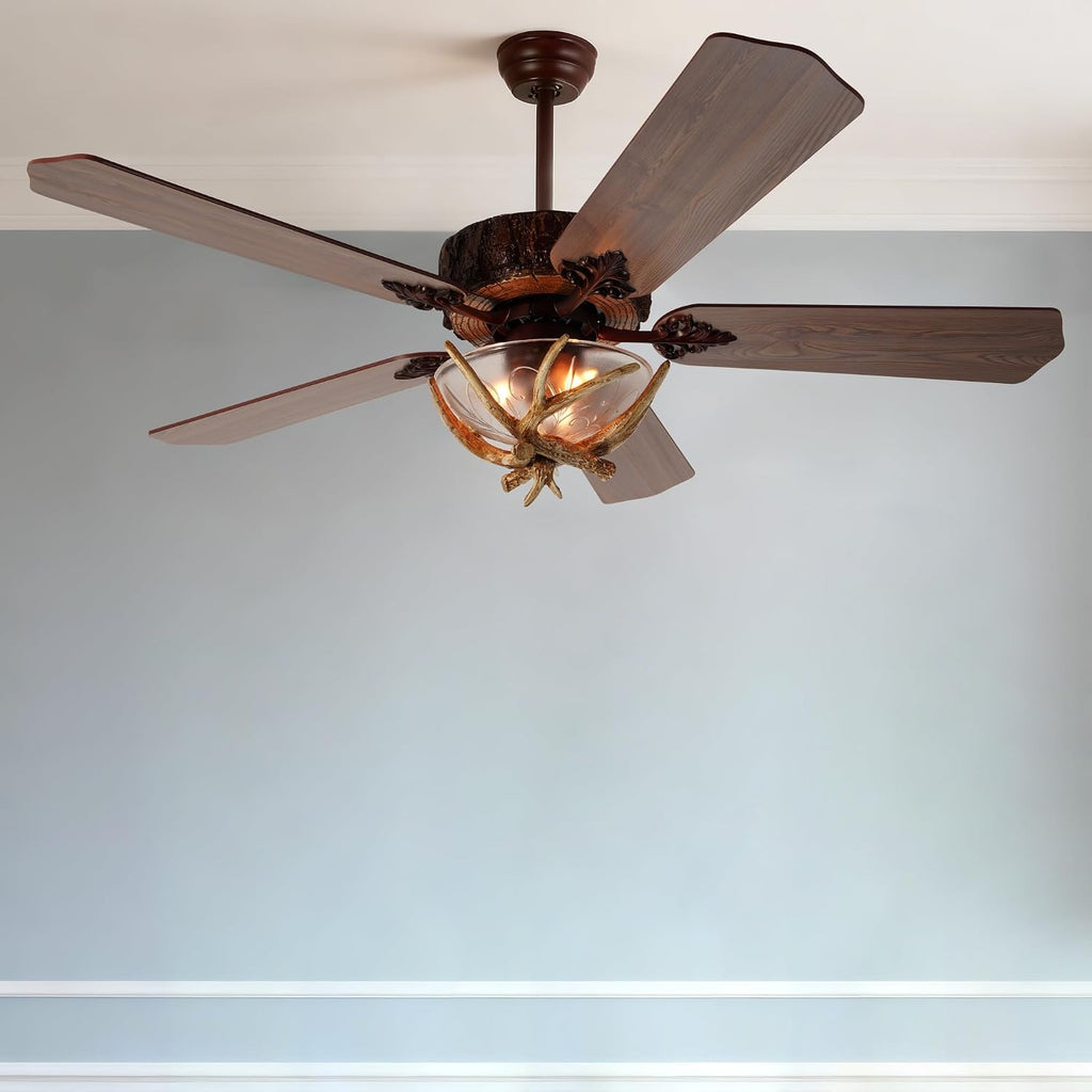 Fandian Antler Rustic Ceiling Fan with Lights and Remote, Modern Chandelier Fan Light, Indoor Cabin Electrical Fan with 5 Wood Blades, Farmhouse, Bedroom Living Room (D 46')