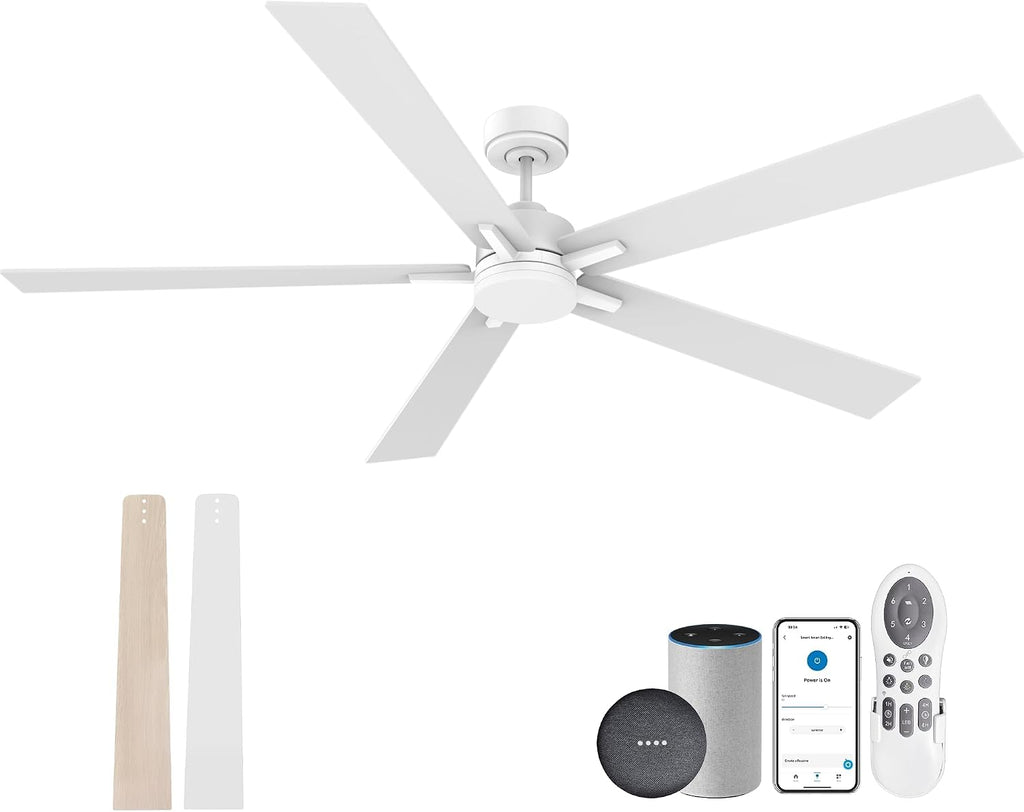 72' Large Smart Ceiling Fan with Lights Remote,Silent DC Motor,Control via Voice Alexa Google App,Outdoor Indoor Modern Ceiling Fans for Large Living Room Patios Decks,5 Blades in White & Light Wood
