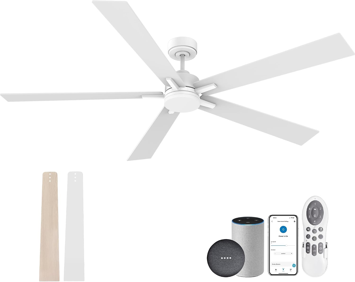 72' Large Smart Ceiling Fan with Lights Remote,Silent DC Motor,Control via Voice Alexa Google App,Outdoor Indoor Modern Ceiling Fans for Large Living Room Patios Decks,5 Blades in White & Light Wood