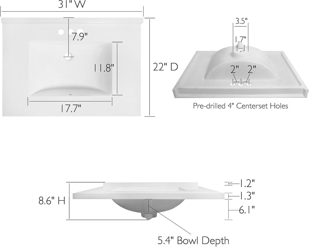 Design House 31-Inch Camilla Cultured Marble Vanity Top Single Bowl Sink 4-Inch Centerset with Integrated Backsplash, Solid White