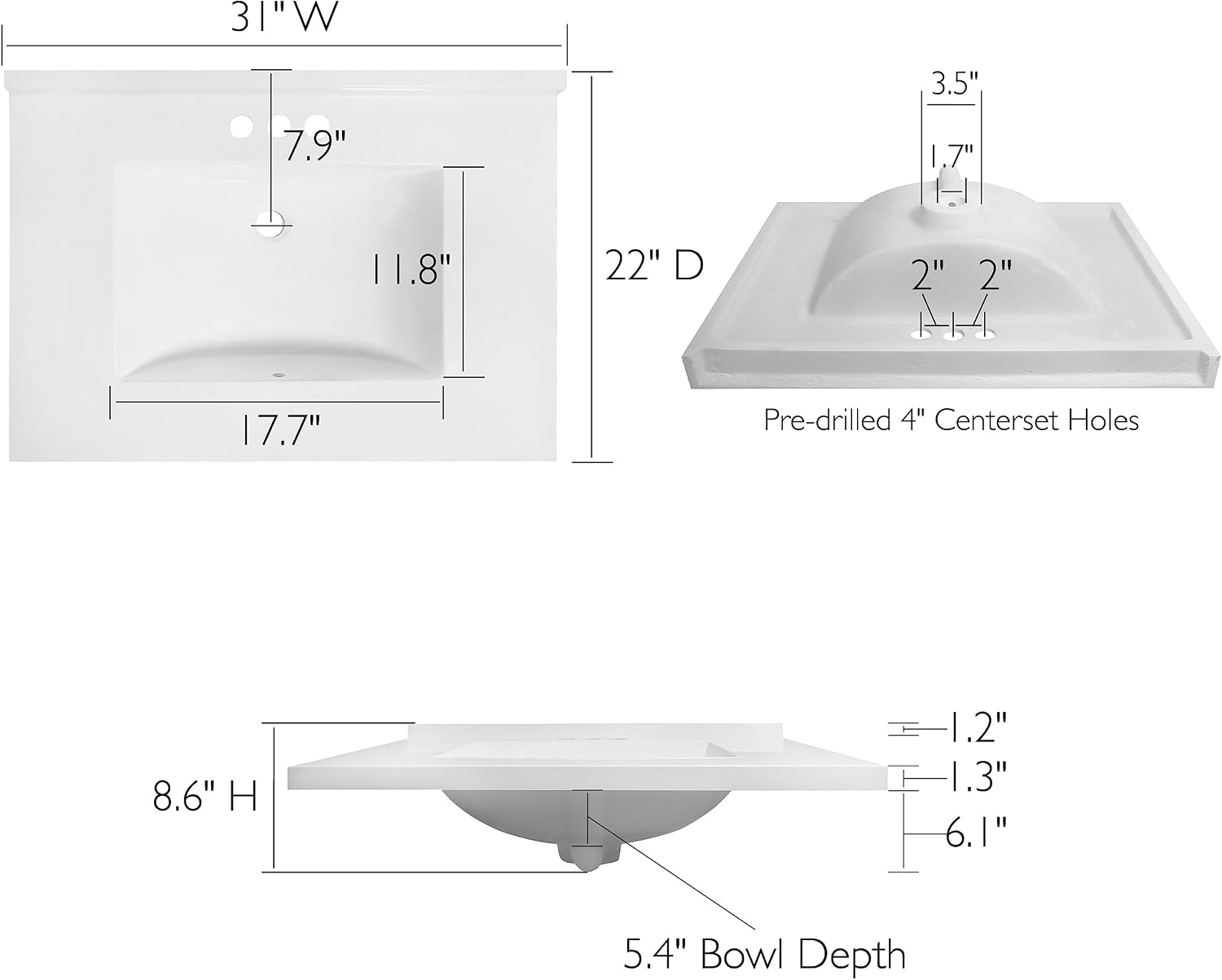 Design House 31-Inch Camilla Cultured Marble Vanity Top Single Bowl Sink 4-Inch Centerset with Integrated Backsplash, Solid White