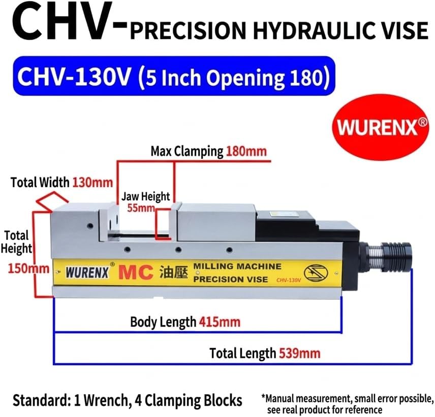 High Precision Hydraulic CNC Machine Vise 4'/5'/6'/8', Heavy Duty Milling Vise for CNC Milling Machine, Hardened Steel Precision Vise for Metalworking Machining (CHV-130V 5inch(Jaw opening 7.09inch))