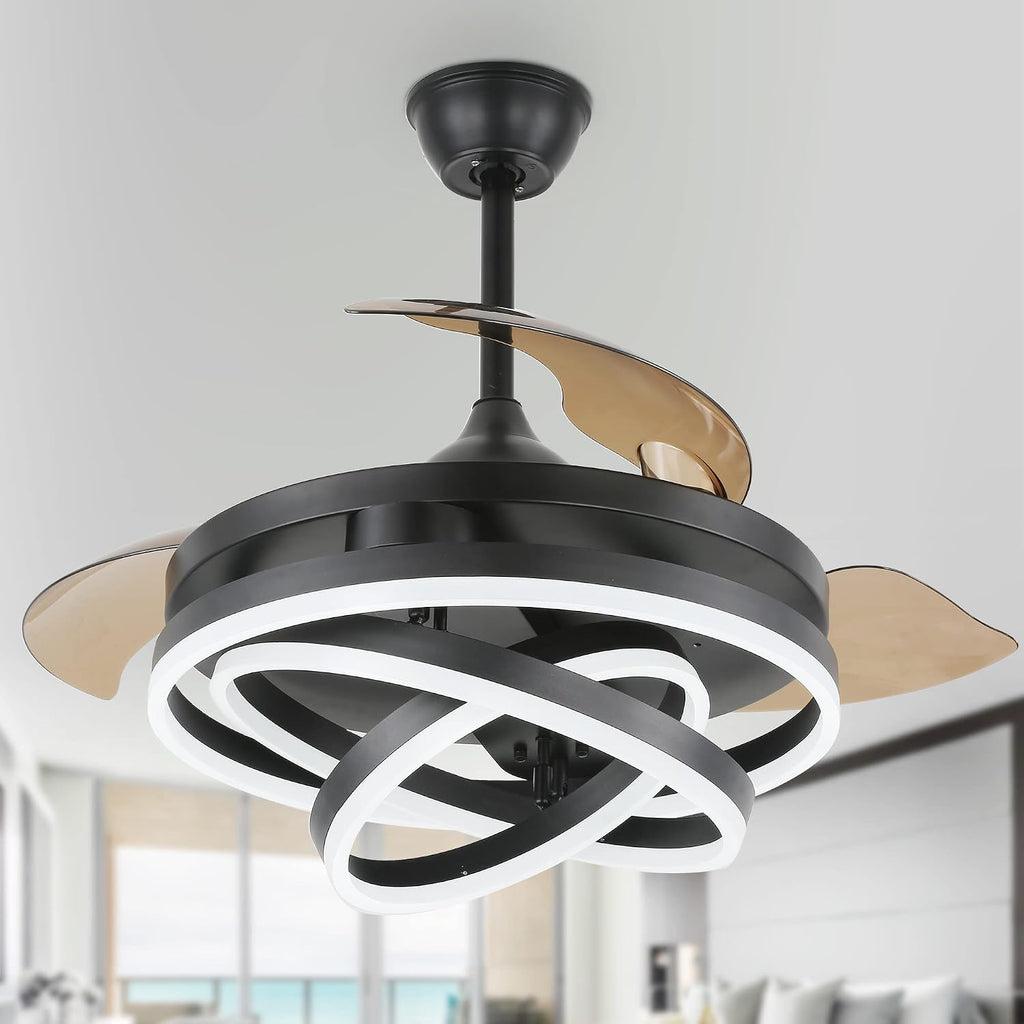 42' Retractable Ceiling Fan with Lights and Remote, Black Fandelier Ceiling Fan Modern Chandelier LED Light, Reversible Quiet DC Motor 3CCT Dimmable 6 Speed for Bedroom Living Room