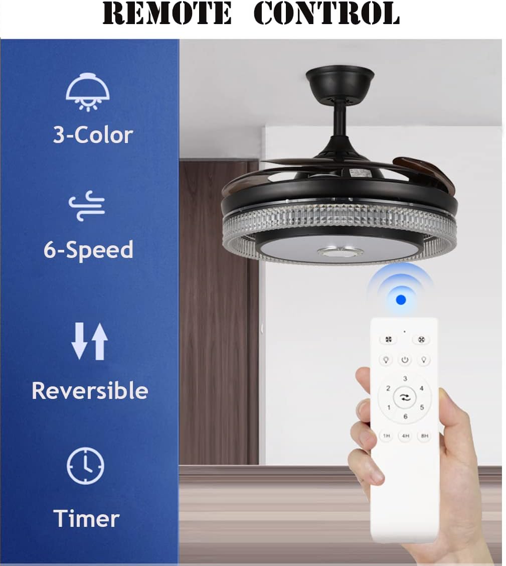 Fandian 42' Smart Ceiling Fan with Lights Bluetooth Speaker Chandelier, Modern Black Fandeliers with APP RGB Dimmable Colors, Reversible 6-Speed Lighting Fixtures for Living Bedroom