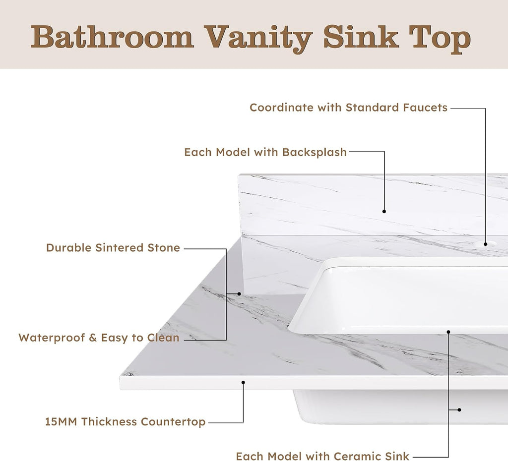 37x22 Marble Bathroom Vanity Top with Sink, Vanity Top with Sink with Pre-drilled Holes and 4' Backsplash, Perfect for Home & Rental Properties