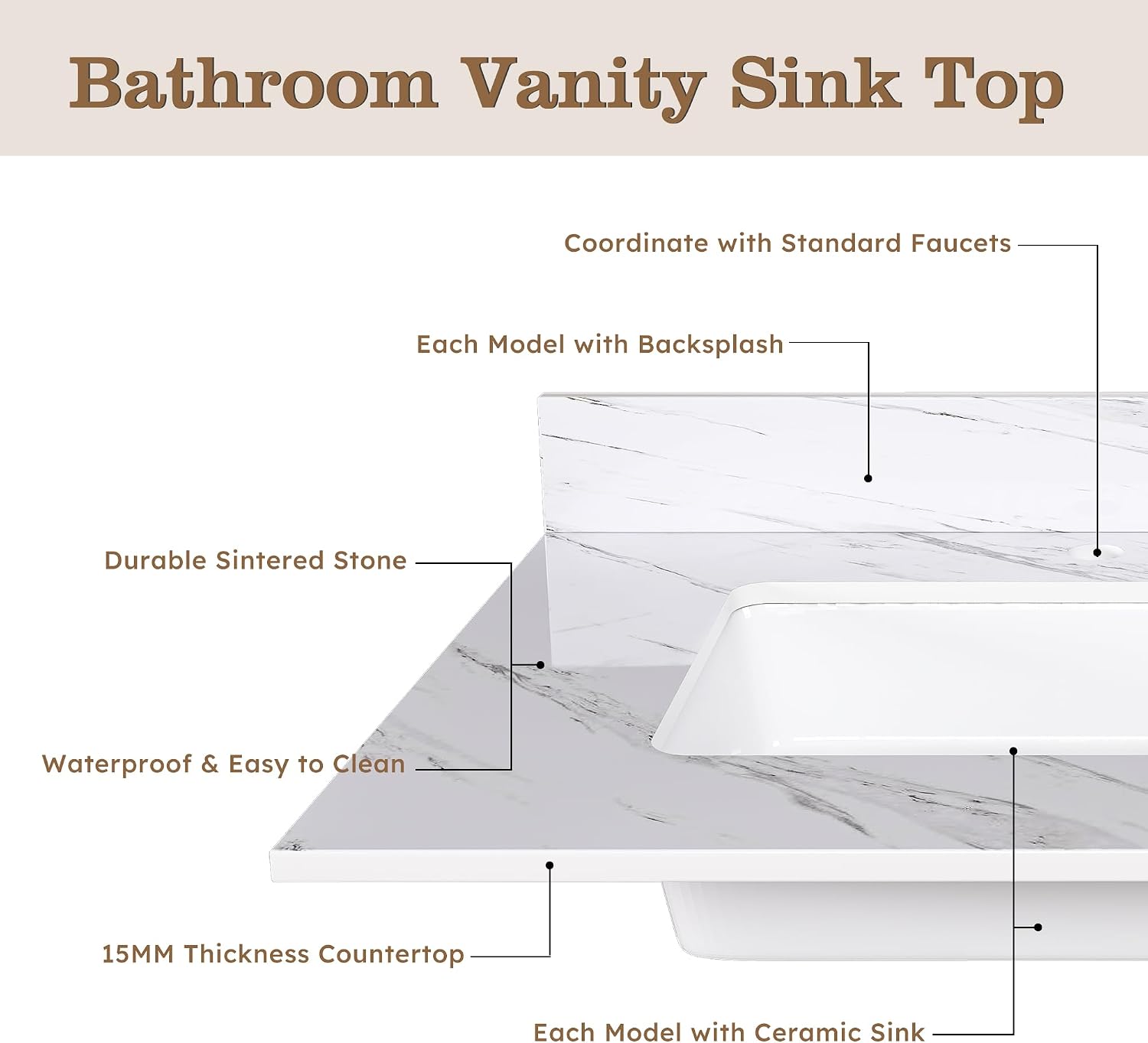 37x22 Marble Bathroom Vanity Top with Sink, Vanity Top with Sink with Pre-drilled Holes and 4' Backsplash, Perfect for Home & Rental Properties