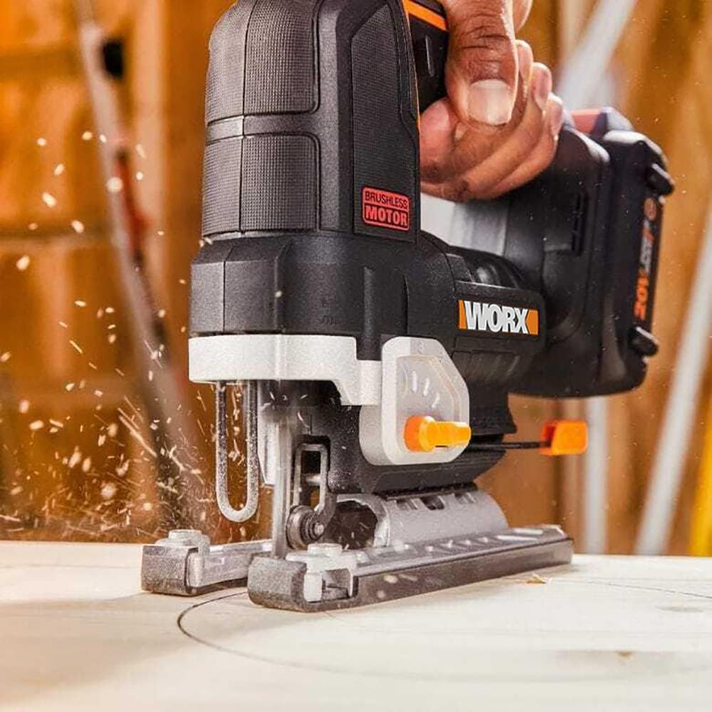 WORX Nitro WX542.9 Cordless Pendulum Stroke Jigsaw 20 V - Brushless Motor - Professional Jigsaw with Suction Adapter - Also Ideal for Mitre Cuts - PowerShare Compatible - Without Battery and Charger