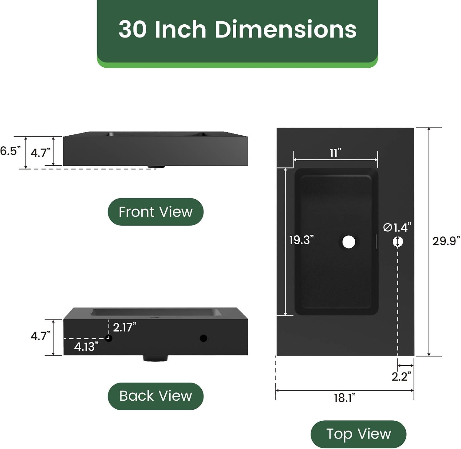 30 Inch Matte Black Vanity Sink – Solid Surface Bathroom Vanity Top with Integrated Sink, Easy-to-Clean Non-Porous Finish for Powder Room or Guest Bath