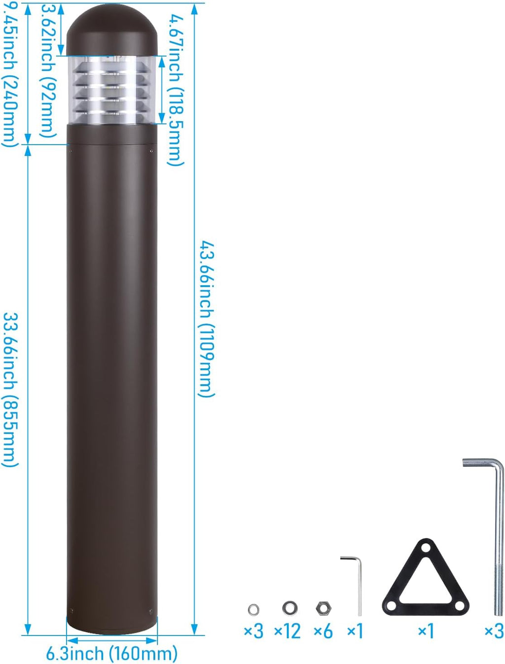 LEONLITE 3CCT LED Bollard Landscape Pathway Light, 43' 14W/19W/24W Adjustable Watts, 120V-277V Commercial Bollard Fixture, 0-10V Dimmable UL Listed Landscape Area Light, Louvered