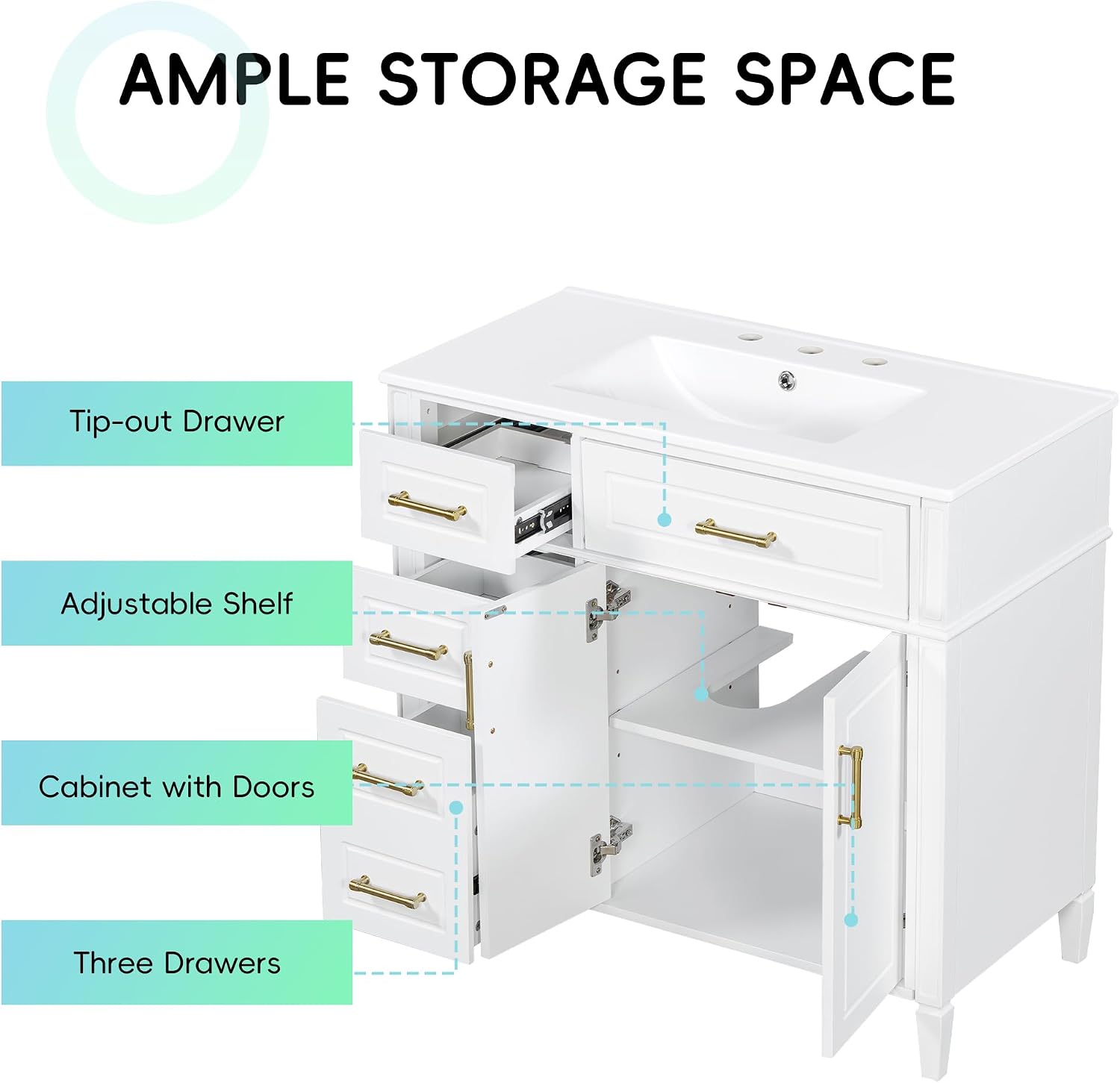 36' Bathroom Vanity with Ceramic Sink Top, One Tip-Out Drawer and Three Side Drawers, Soft-Closing Doors, Adjustable Shelf, Solid Wood Frame, White