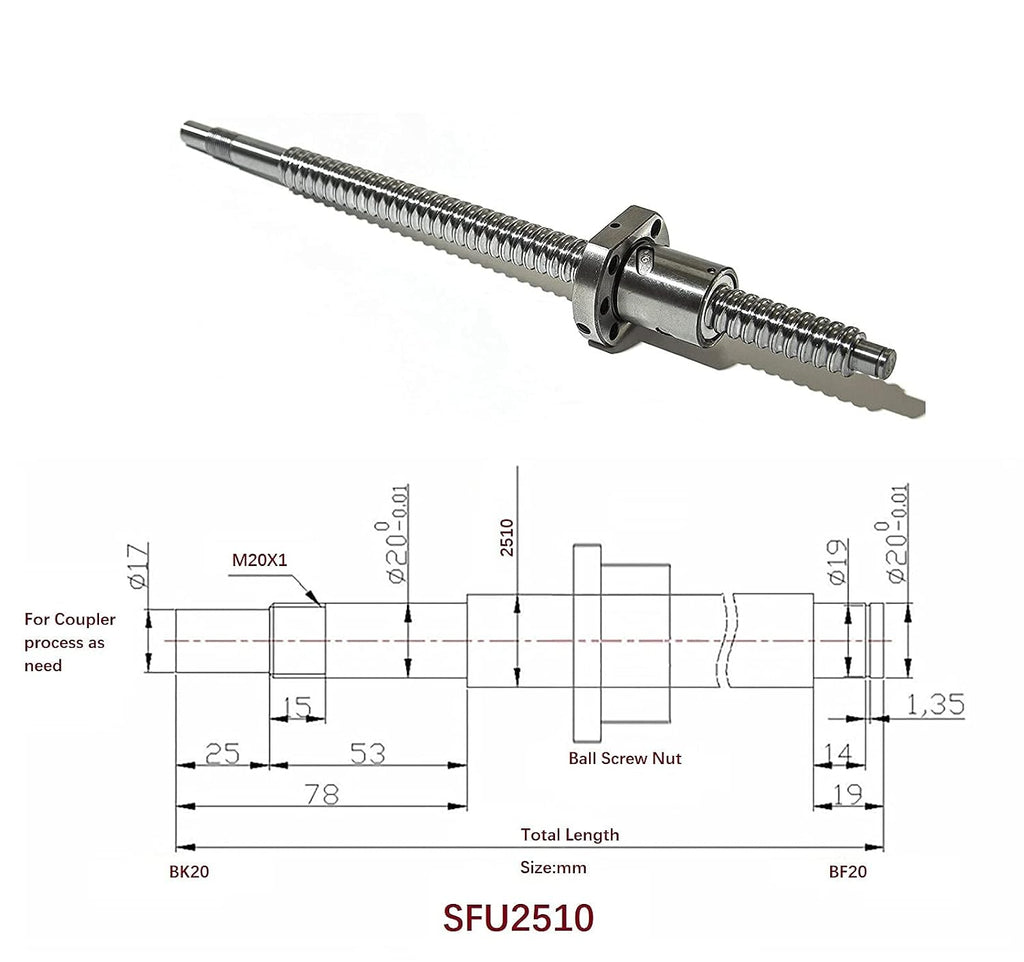 25mm Ballscrew Kit SFU2510 RM2510 Anti-Backlash Ball Screw, Length 18.9 inch / 480mm 10mm Pitch + Ball Screw Metal Nut + FK/FF15 Bearing End Supports + Coupler for CNC Machine