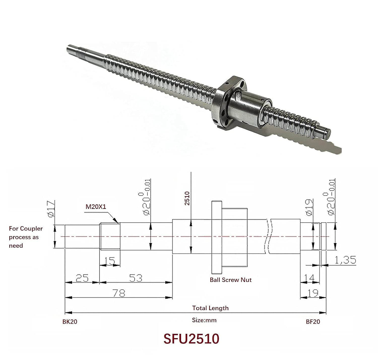 25mm Ballscrew Kit SFU2510 RM2510 Anti-Backlash Ball Screw, Length 18.9 inch / 480mm 10mm Pitch + Ball Screw Metal Nut + FK/FF15 Bearing End Supports + Coupler for CNC Machine