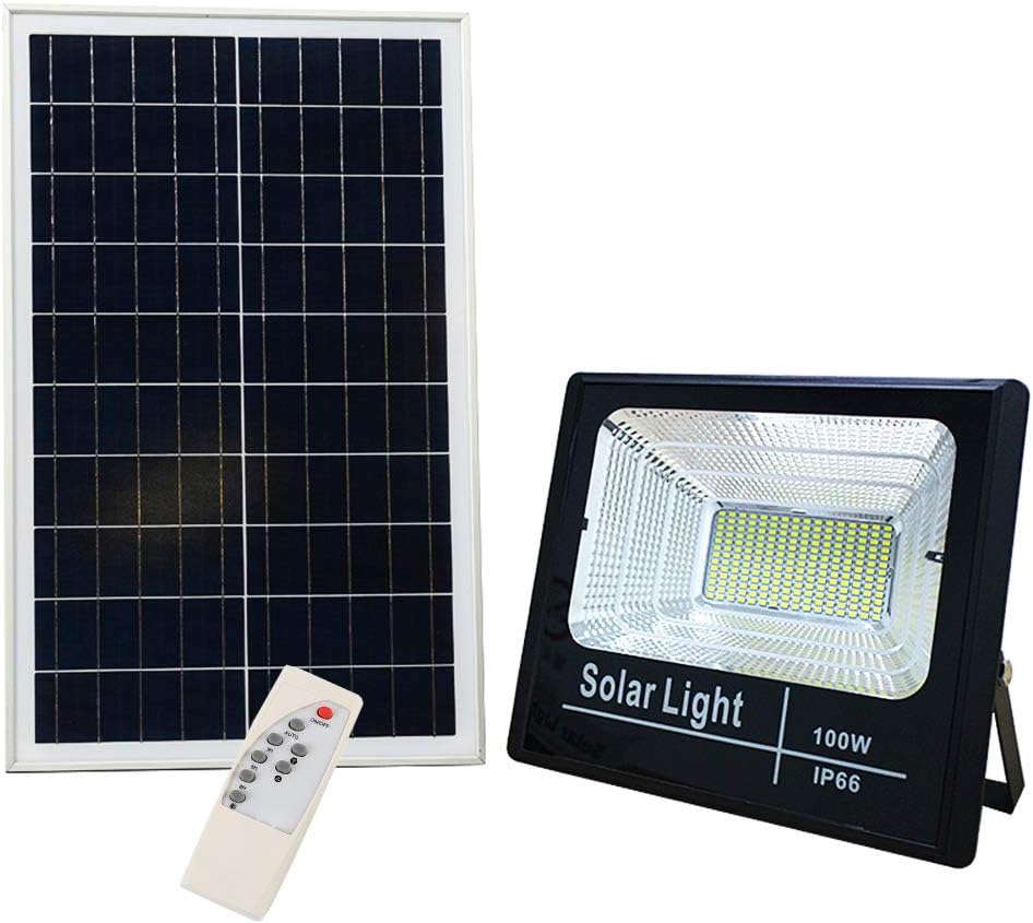 BSOD 100W Solar Flood Lights Outdoor Spotlight Max 14 365lm IP66 Waterproof with Remote Controller,LED Floodlight Built-in Battery,Solar Panel Lamp for Garden,Street, Garage, Pathway, Pool, Deck, Yard
