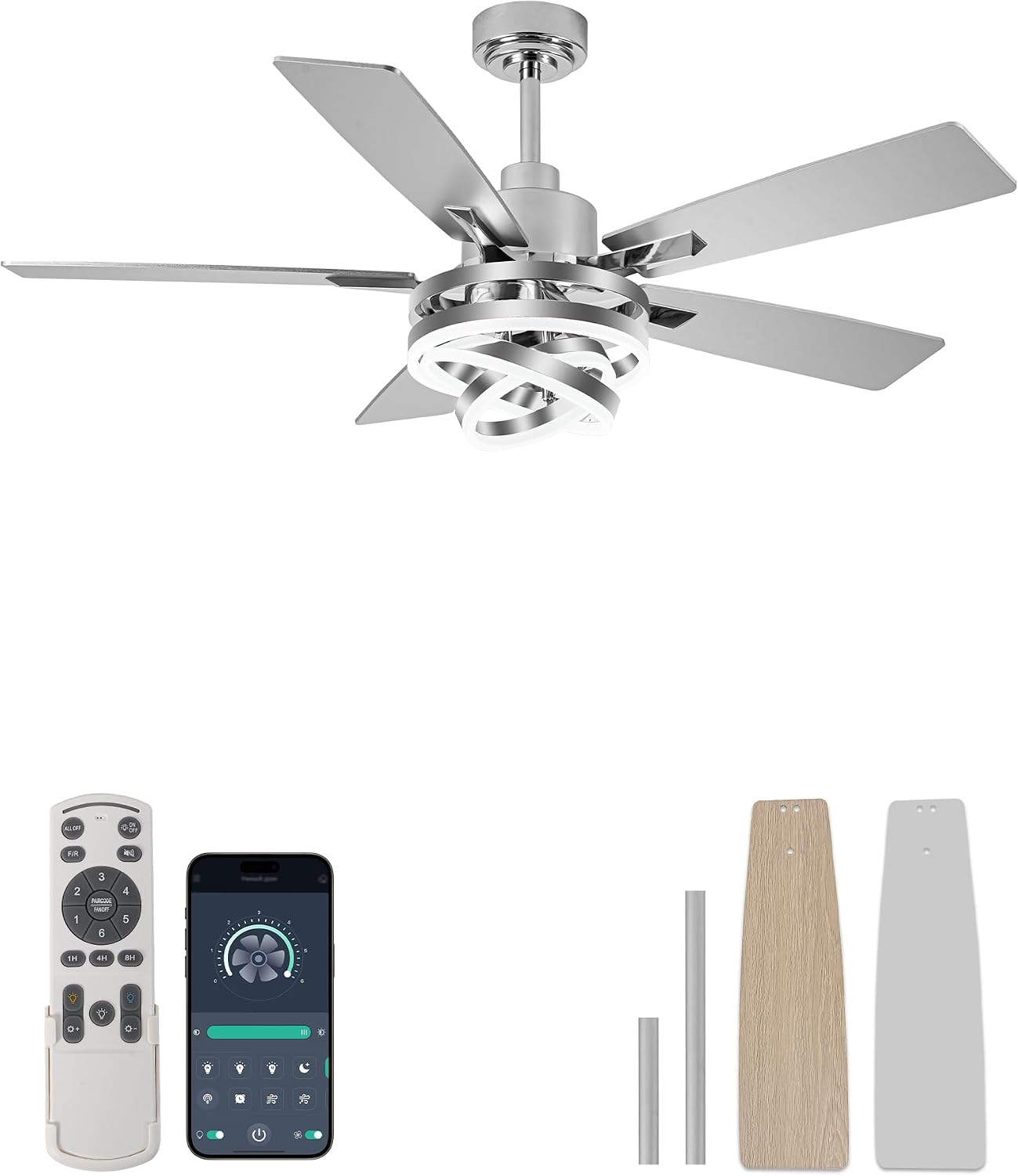 Bella Depot 52' Modern Ceiling Fan with Light, Metal Chandelier Fan with Remote, Rustic Indoor Fandelier with DC Motor for Dining Living Room Bedroom(Chrome)
