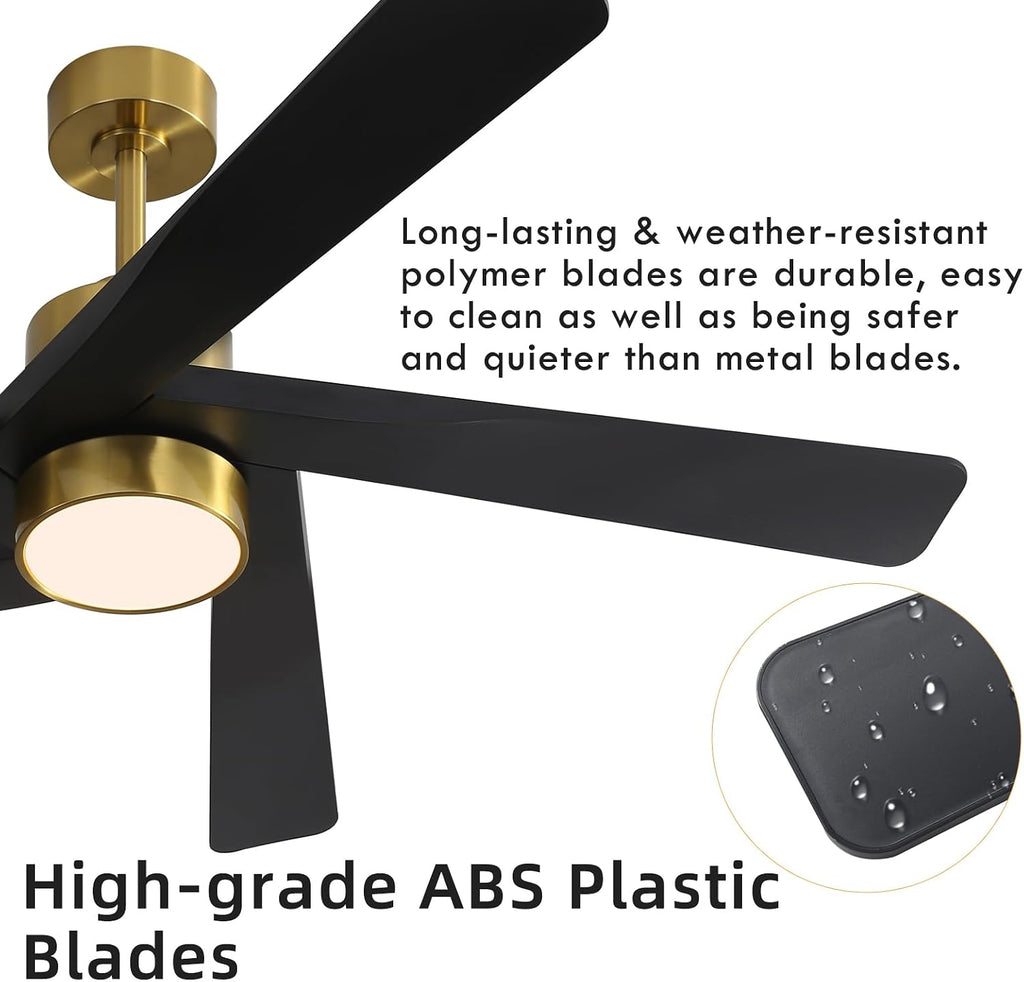 WINGBO 64' ABS DC Ceiling Fan with Lights, 5 Blade ABS Plastic Ceiling Fan with Remote, 6-Speed Reversible DC Motor, LED Ceiling Fans for Kitchen Bedroom Living Room, Brass and Matte Black