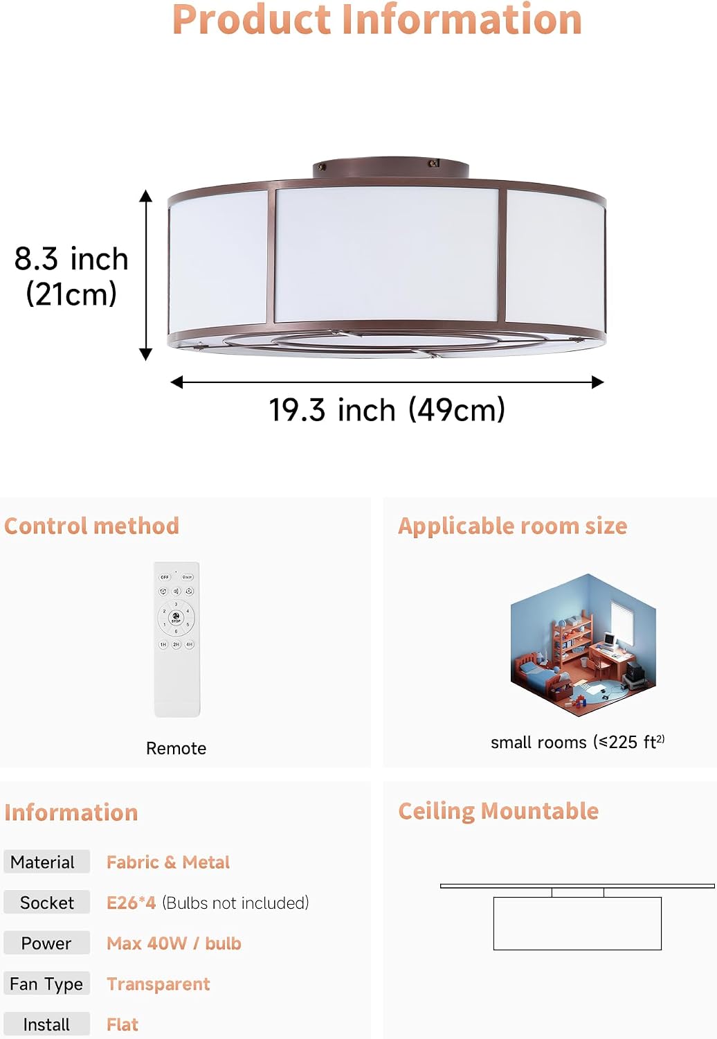 Low Profile Ceiling Fans with Lights, 20' Flush Mount Ceiling Fan with Light, Brown and White Boho Bladeless with 6 Speeds Remote Control for Bedroom, Nursery, Living Room