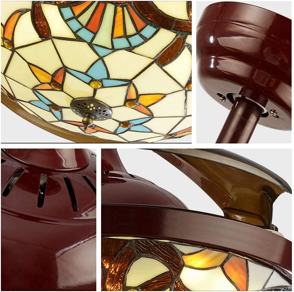 Fandian 42' Vintage Style Ceiling Fan with Light, Remote Control Classic LED Chandelier Retractable Blades 3 Light Changes Fandelier Lighting Fixture with Craft-Made Colorful Glass Lamp