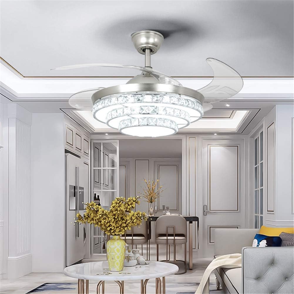 42' Crystal Invisible Ceiling Fans with Lights,Retractable Remote Control 3 Color 3 Speed LED Silent Modern Fan Chandelier Lighting for Livingroom Bedroom(Silver)
