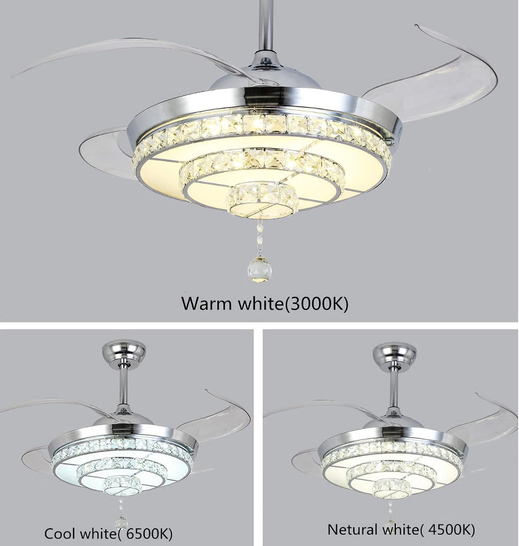 RuiWing 42' Crystal Ceiling Fan with LED Light and Remote Control Retractable Fandelier 3 Colors 3 Speeds with Silent Motor Luxury Fandelier for Bedroom Indoor Living Dining Room