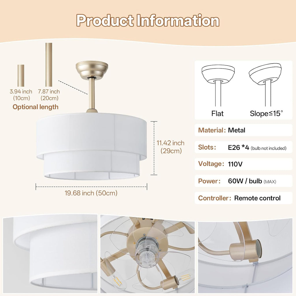 20' Boho Ceiling Fans with Lights, Fabric Fandelier Chandelier Ceiling Fan with Light Remote Control, Caged with 6 Speeds for Bedroom, Nursery(White)