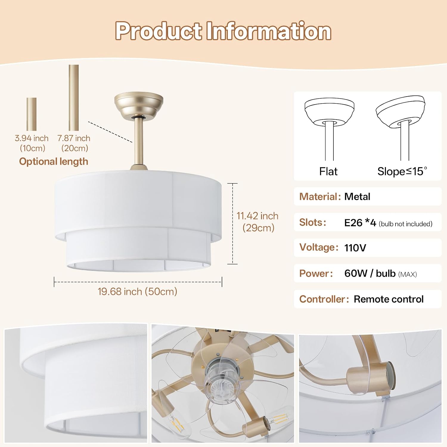 20' Boho Ceiling Fans with Lights, Fabric Fandelier Chandelier Ceiling Fan with Light Remote Control, Caged with 6 Speeds for Bedroom, Nursery(White)