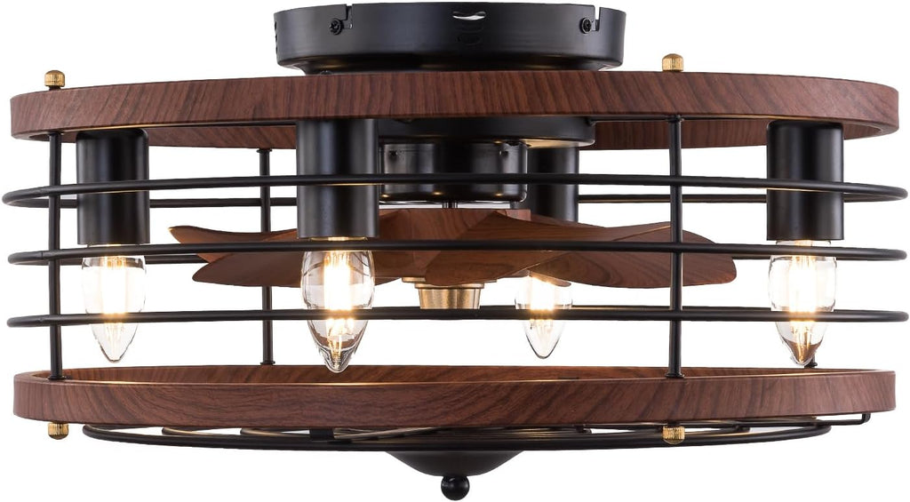 18' Caged Ceiling Fan with Light Flush Mount, Modern Farmhouse Fandelier with Timer & Control, 3-Speed, Ceiling Fan Light Fixture for Kitchen Bedroom Office Dark Brown 110V E26*4
