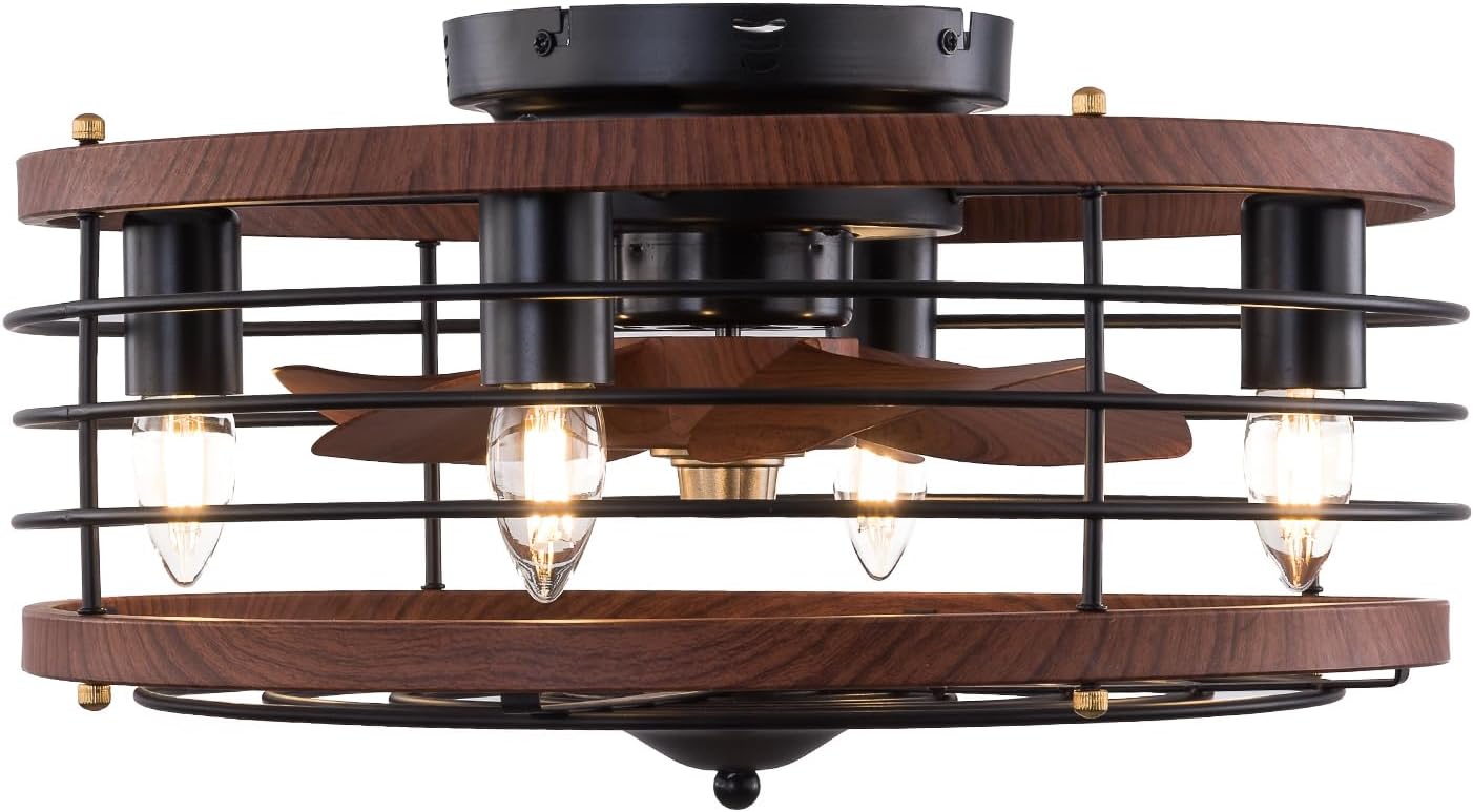 18' Caged Ceiling Fan with Light Flush Mount, Modern Farmhouse Fandelier with Timer & Control, 3-Speed, Ceiling Fan Light Fixture for Kitchen Bedroom Office Dark Brown 110V E26*4