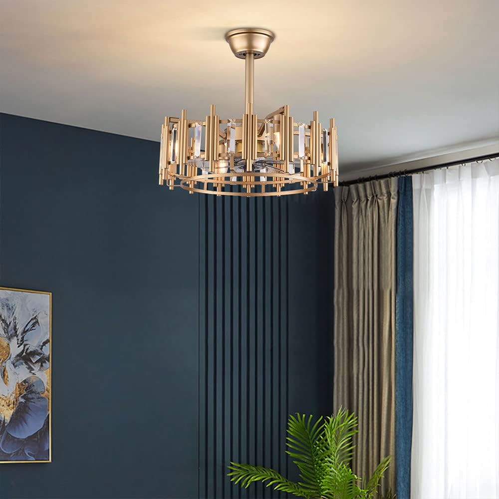 20' Champagne Gold Ceiling Fan with LED Light Remote control, 3-Speed Quiet Enclosed Fandelier Gold Caged Crystal Ceiling Fan Downrod Mount Industrial Metal Chandelier Fan 7 Invisible Blades