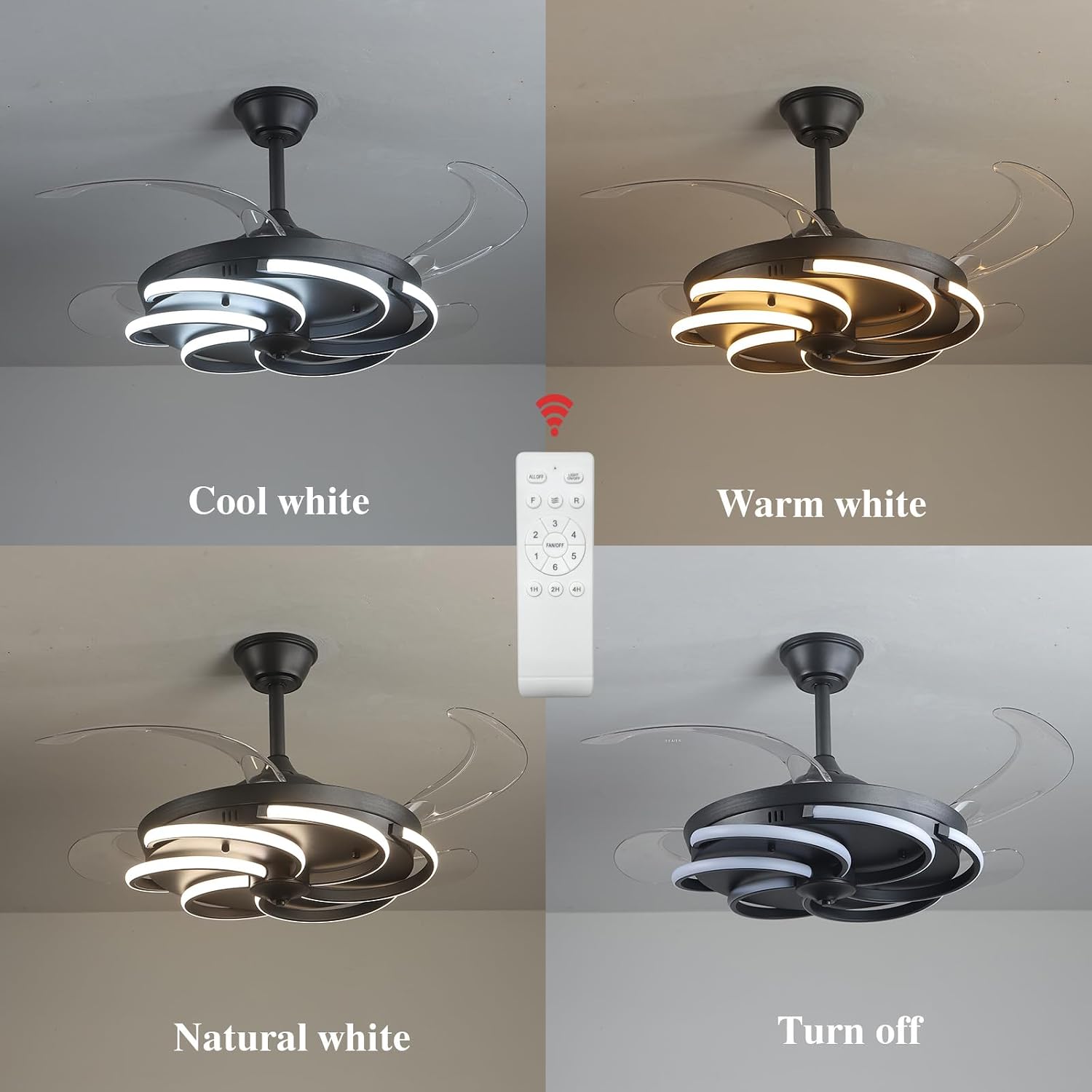 42' Retractable Ceiling Fan with Lights Modern Fandelier Fan Light with Remote Bladeless Fan Ceiling Light for Bedroom Living Room 6 Speed Black (Black RFL25012)