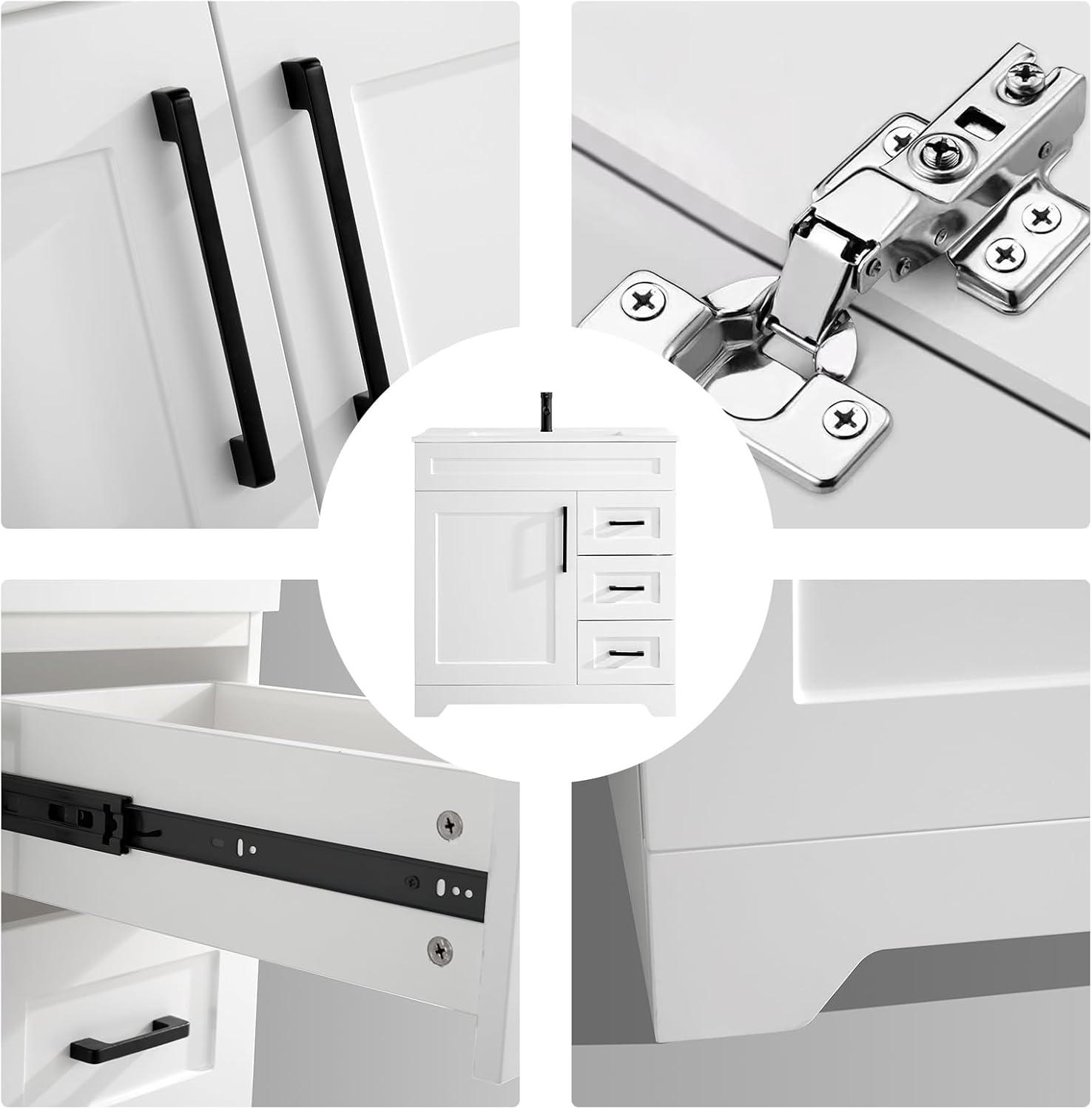 30' White Bathroom Vanity with Integrated Sink Top | Plywood Construction, Soft-Close Doors &Drawers
