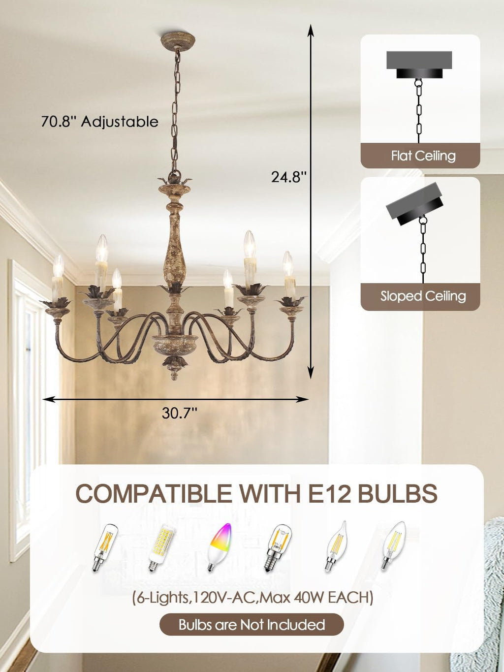 French Country Chandelier with Light, 6-Light Farmhouse Chandeliers Rustic Candle Chandelier Light Fixture Over Table for Dining Room Bedroom Kitchen