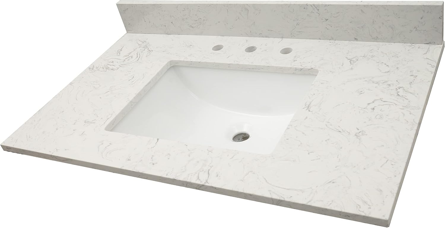 MSI Carrara Sky Vanity Top with Under Mount Rectangle Ceramic Sinks, Engineered Marble Stone, 4' CC Faucet Holes, 37'X22'
