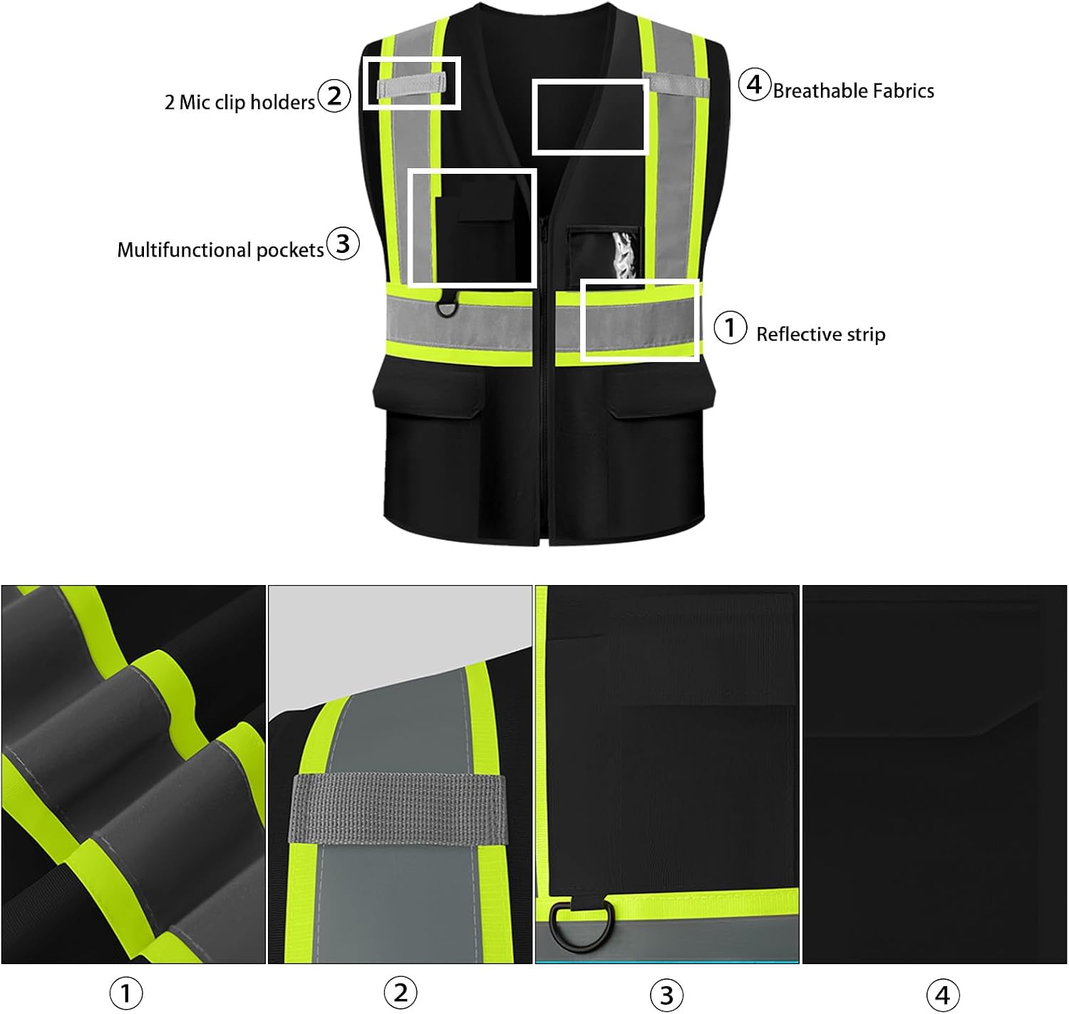 Safety Vest Custom Logo Class 2 Reflective High Visibility Vest With 5 Pockets ＆ Zipper