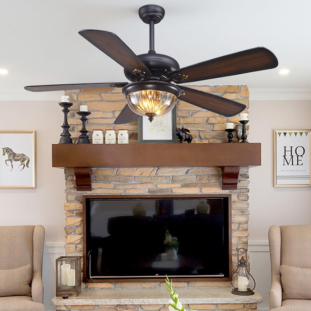52 INCH Mid Century Modern Fandelier Ceiling Fan with Light Reversible Wood Blades Rustic Farmhouse Fan Chandelier Amber Glass Fan Light for Living Room Bedroom Dining Room Indoor