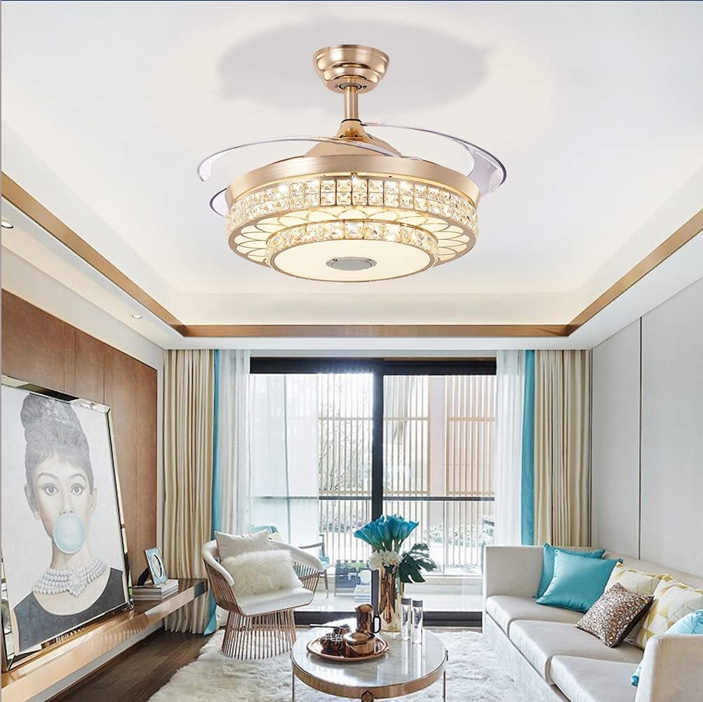 Fandian 42' Modern Smart Crystal Ceiling Fans with Lights and Remote Control, Retractable Bluetooth Speaker Chandeliers, 3 Colors Lighting Fandelier Fixtures for Bedroom, Living Room