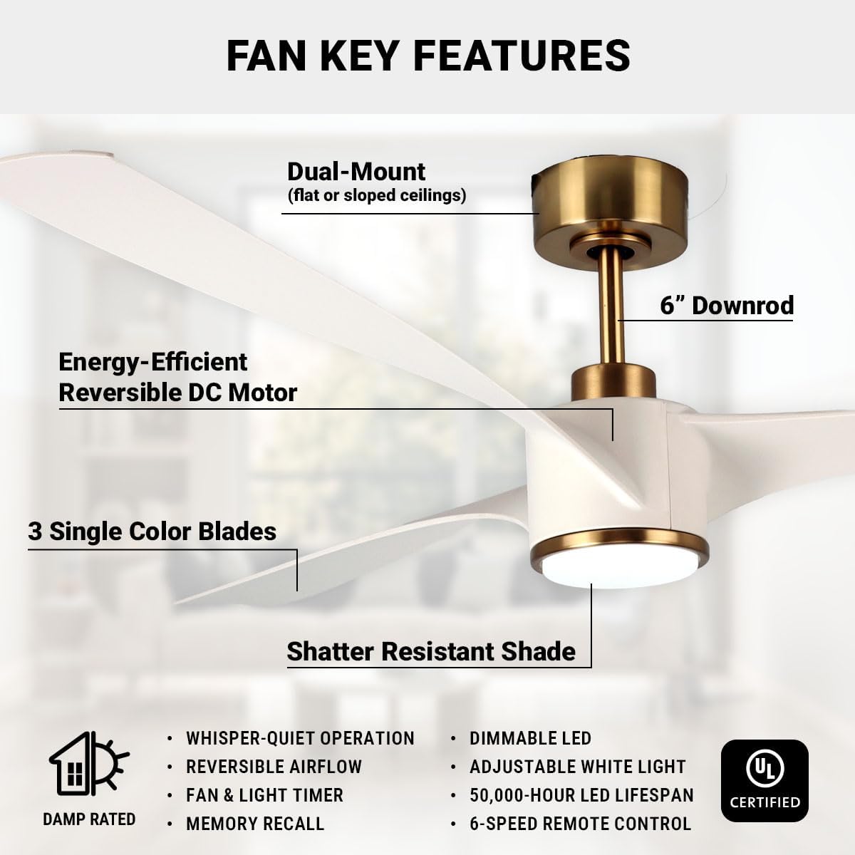 Wynwood QL2314WH 60-Inch Edgewater Matte White Ceiling Fan with Light, DC Motor, 6-Speed Remote Control, 3-CCT Dimmable LED, Reversible Airflow, ABS Blades, Downrod Mount, Indoor Ceiling Fan