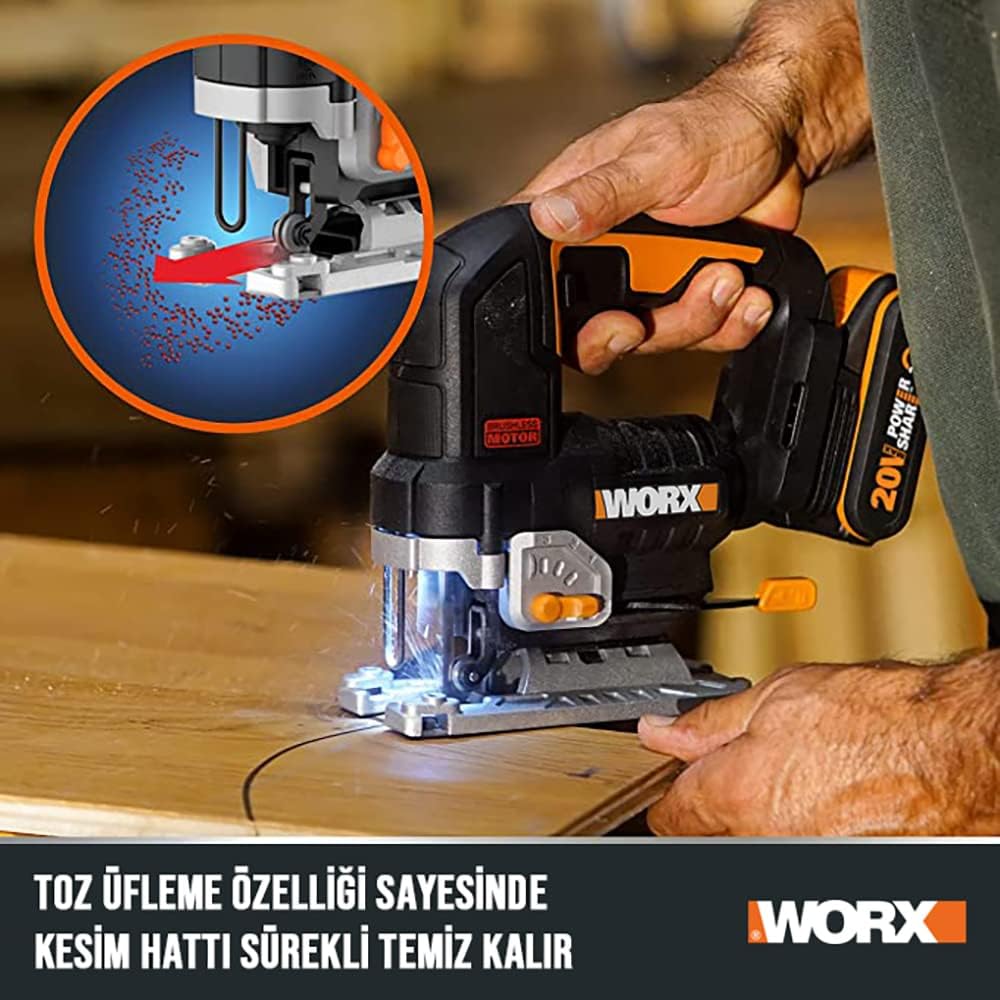 WORX Nitro WX542.9 Cordless Pendulum Stroke Jigsaw 20 V - Brushless Motor - Professional Jigsaw with Suction Adapter - Also Ideal for Mitre Cuts - PowerShare Compatible - Without Battery and Charger