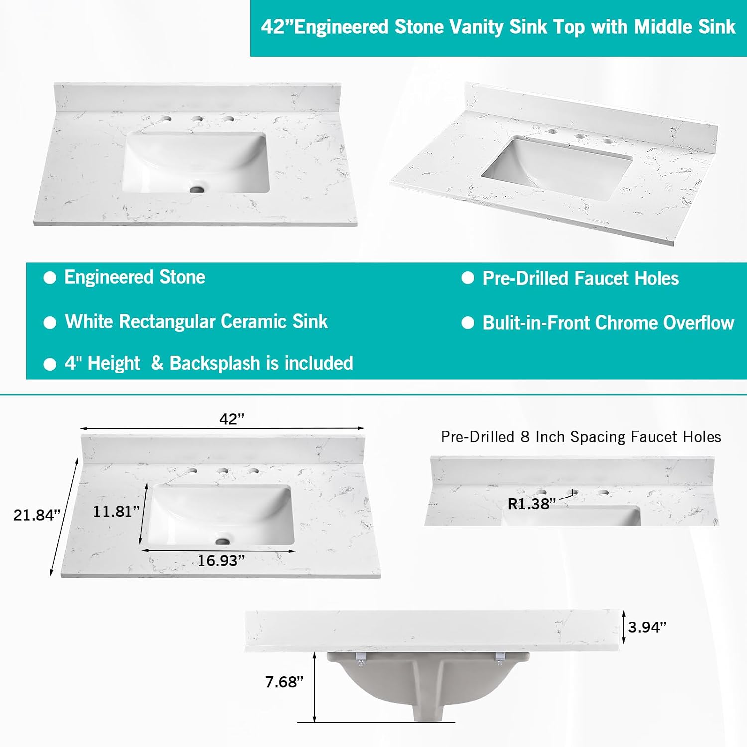 42'x22' Engineered Stone Bathroom Vanity Top with Rectangular Undermount Ceramic Middle Sink, 8 Inch Faucet Hole Spread with Backsplash Bathroom Vanity Sink Top (Cabinet Not Included)