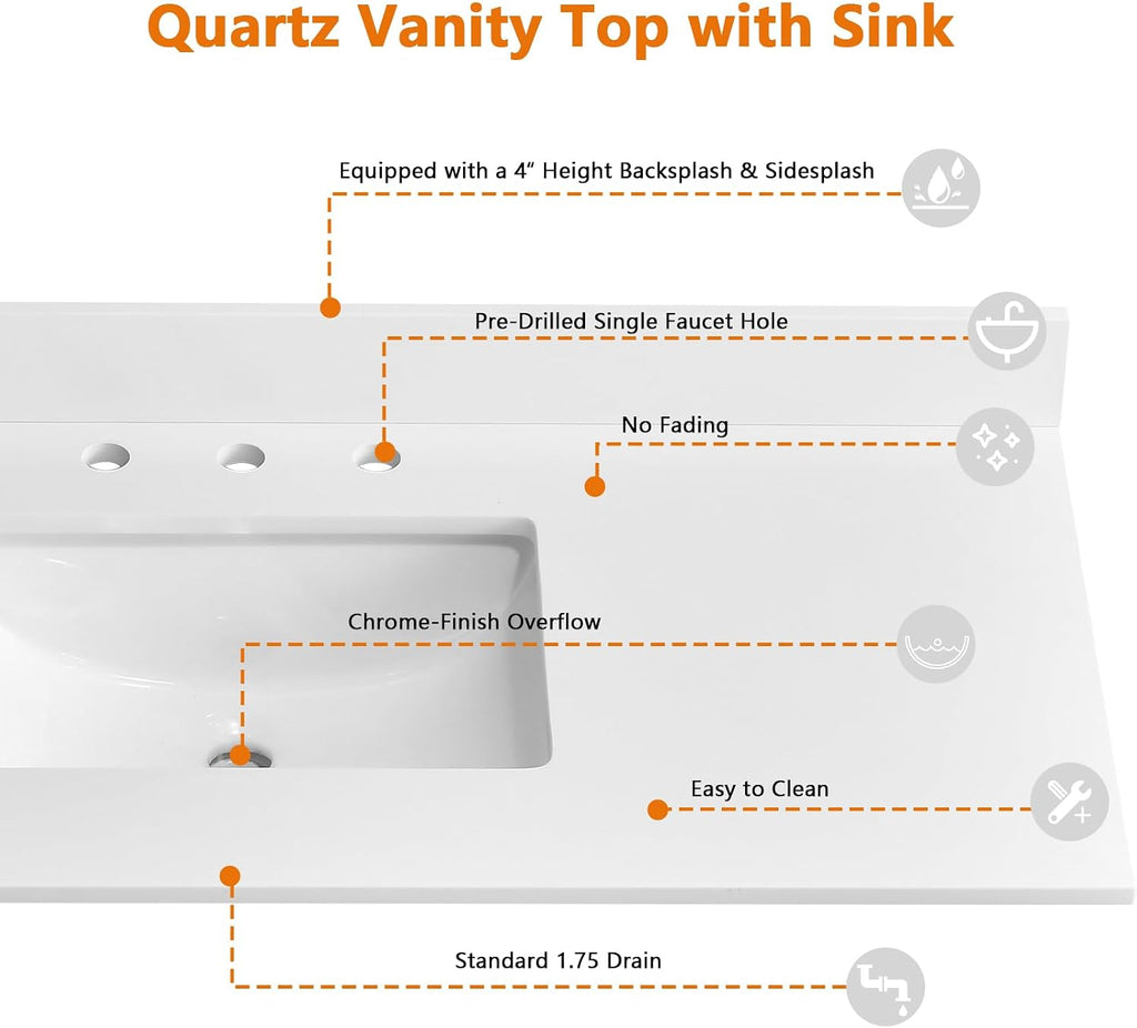 48' x 22' Vanity Top, Quartz Vanity Sink Top in Pure White, with One Sidesplash & One Backsplash, with Undermounted Sink,8 Inch Faucet Hole Spread for Vanity Top with Sink
