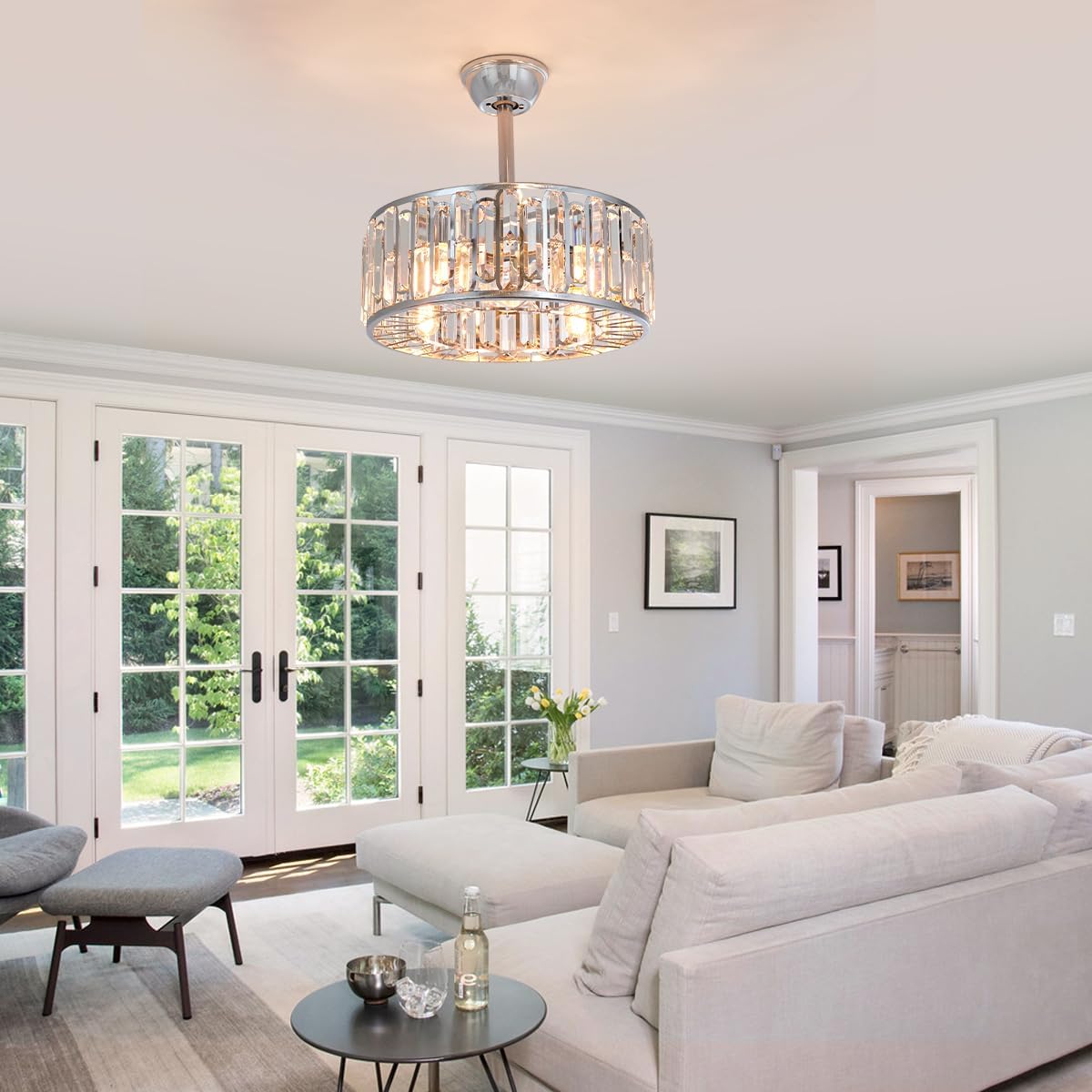 18.2' Silver Crystal Caged Ceiling Fan with Light 4-Lights Modern Flush Mount Chandelier Fan Remote Chrome Crystal Fandelier Lights for Bedroom Living Room Dining Room Entry Loft Hallway