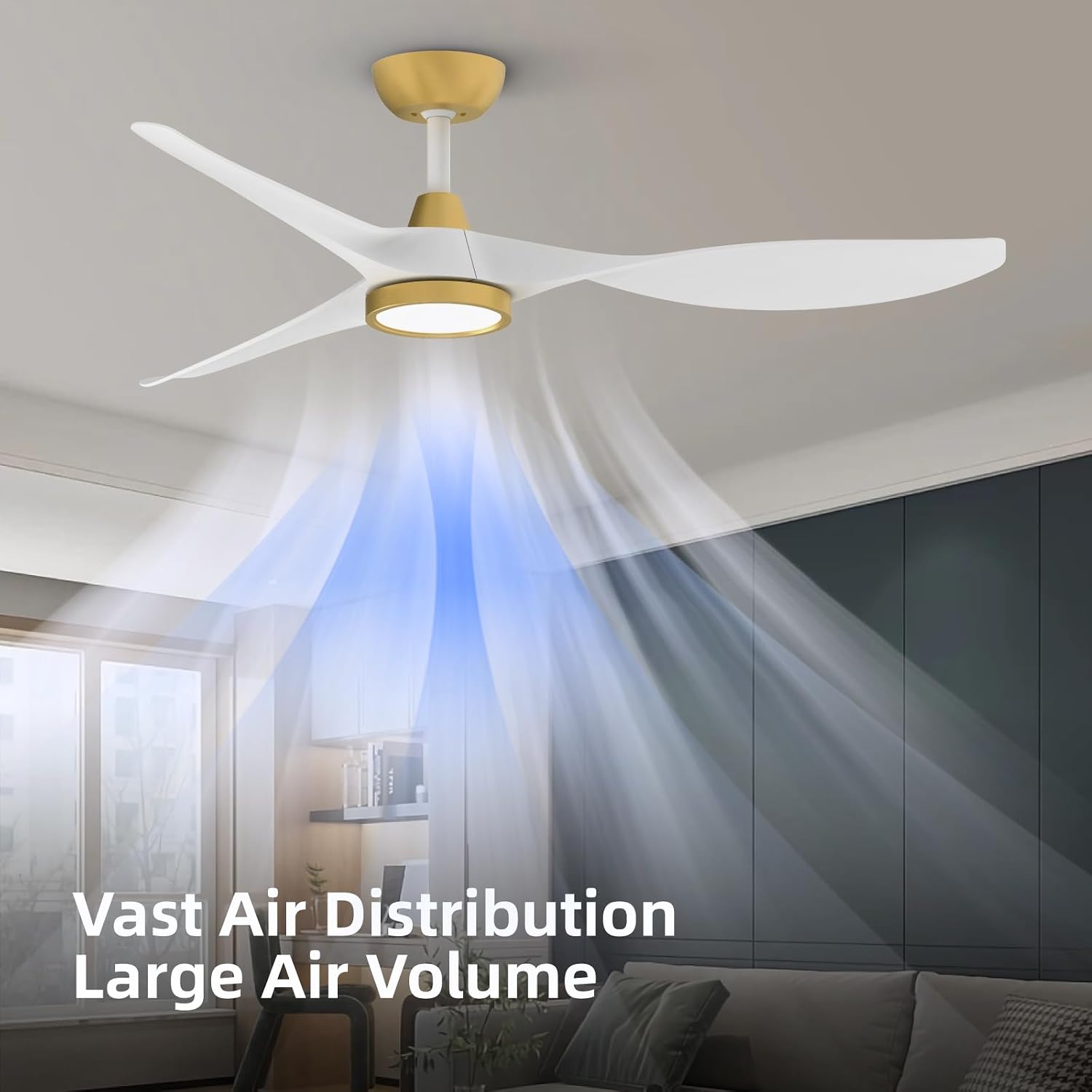 Roomratv Ceiling Fans with Lights,Large Airflow 52inch Modern Ceiling Fan with Quite Reversible DC Motor 3 Color Temperature LED Light (White Gold)