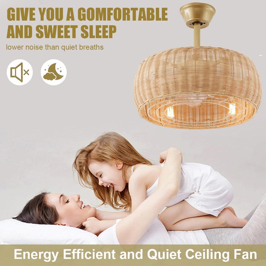 18.1' Rattan Caged Ceiling Fan with Lights 4-Light Beige Fandelier with Light Boho Bamboo Chandelier Fan with Light Reversible Motor, Remote Wicker Pendant Light with Fan for Bedroom Living Room