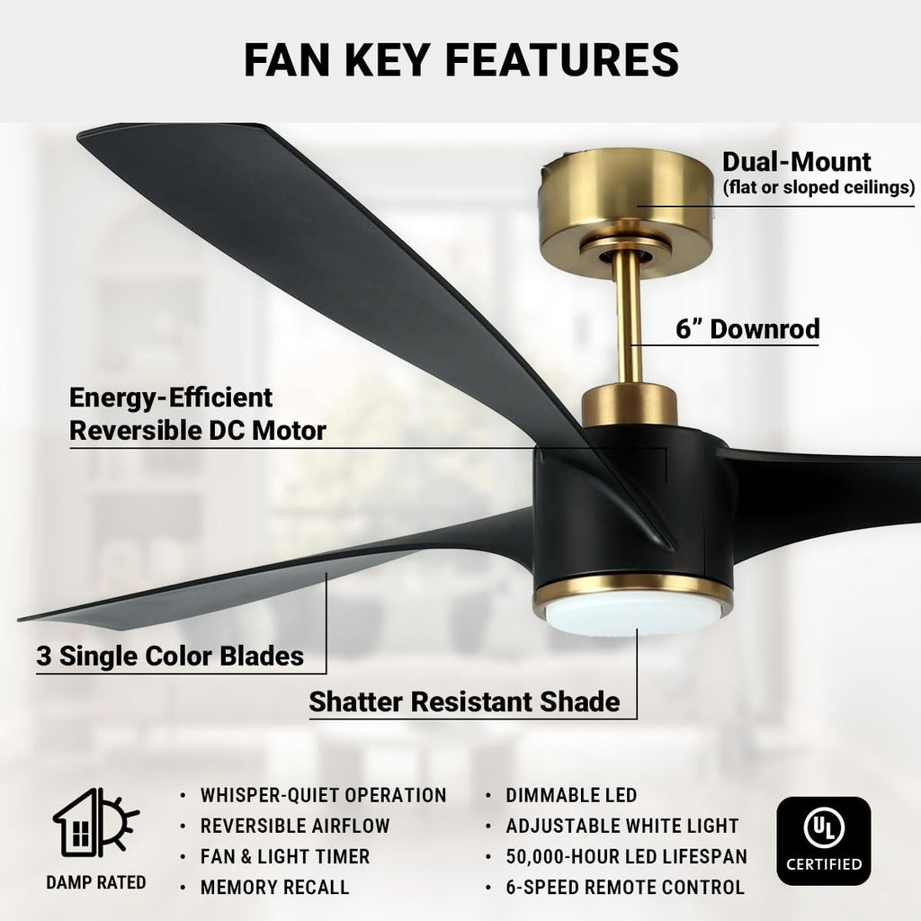 Wynwood QL2314BK 60-Inch Matte Black Edgewater Ceiling Fans with Lights, DC Motor, 6-Speed Remote Control, 3-CCT Dimmable LED, Reversible Airflow, ABS Blades, Downrod Mount, Indoor Ceiling Fan