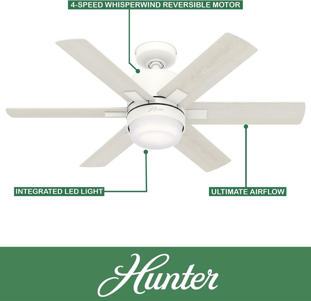 Hunter Fan 44 inch Casual Matte White Indoor Ceiling Fan with LED Light Kit, Holiday Gift for Bedroom, Living Room/Family Room, Dining Room, Kitchen, Office (Renewed)