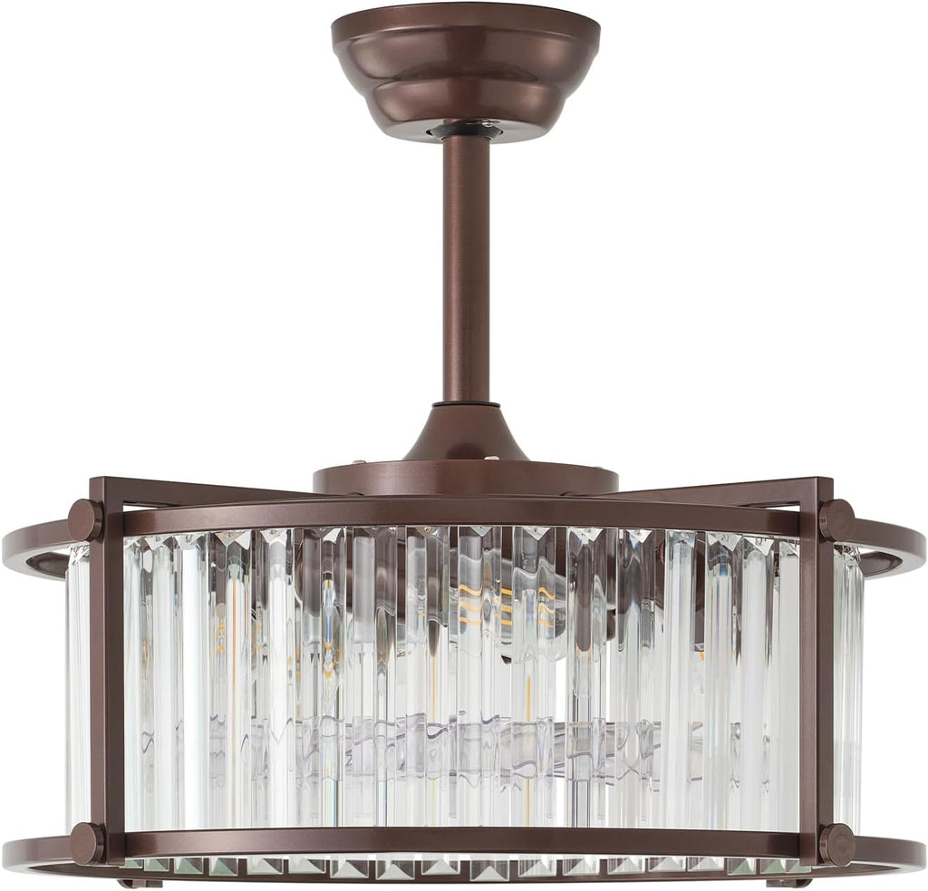 20' Farmhouse Rustic Crystal Fandelier Ceiling Fans with Lights, Brown Crystal Industrial Chandelier Ceiling Fan with Light and Remote, Caged with 6 Speeds for Bedroom, Nursery, Living Room