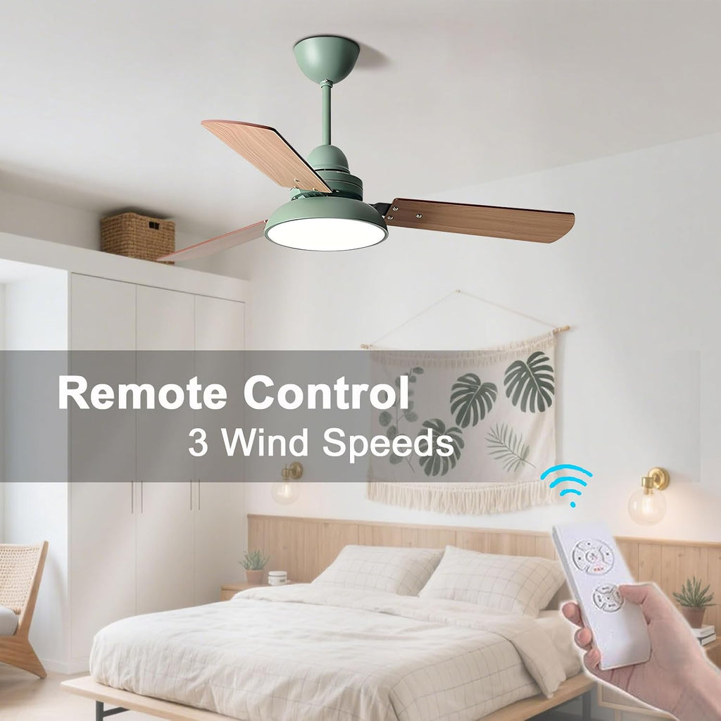 Modern Quiet 42in Ceiling Fan With Light 6 Gear Wind Speed Remote Ceiling Fans Indoor LED Green Ceiling Lights Fan Lighting Plywood Fan Blades For Living Room Dining Room Bedroom