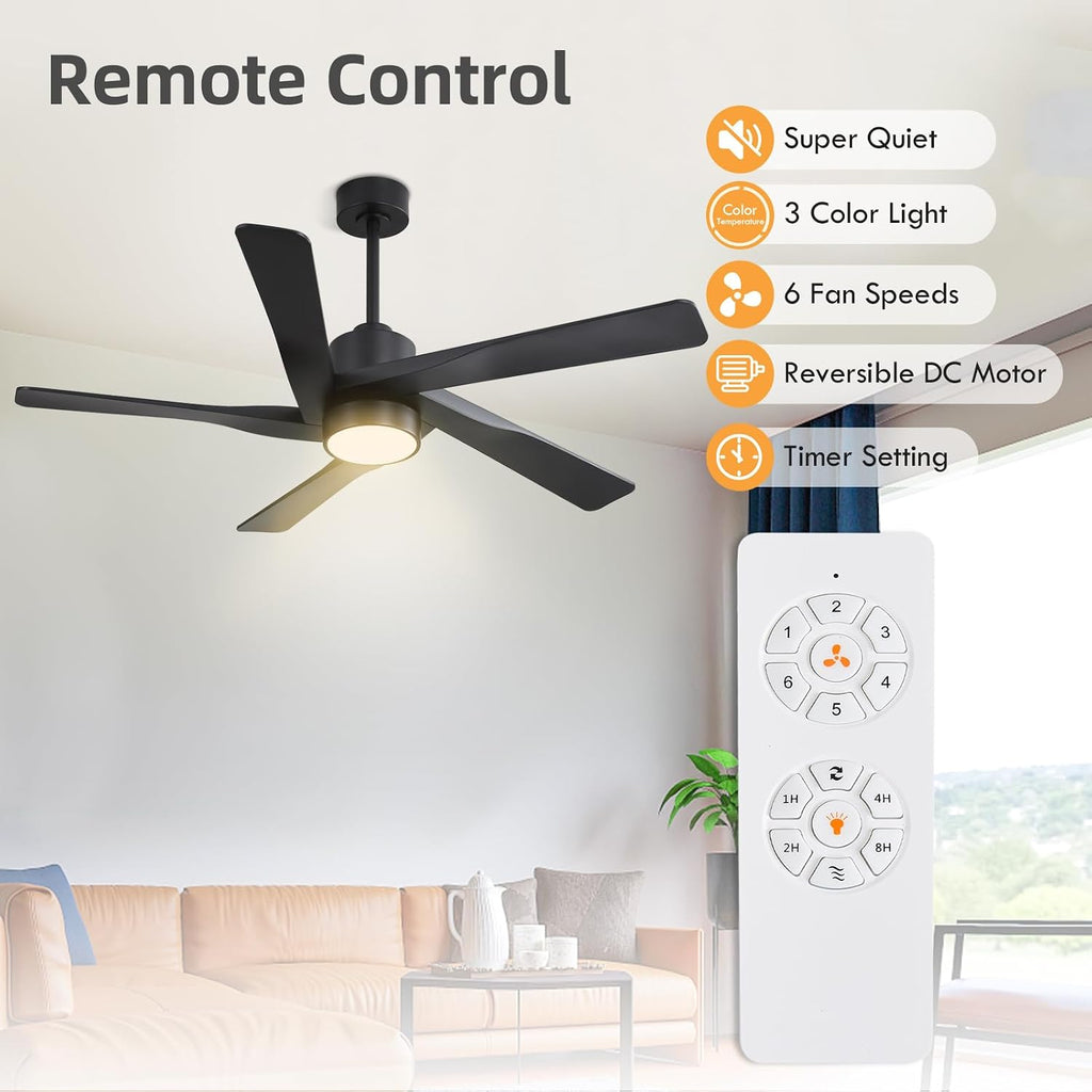WINGBO 64' ABS DC Ceiling Fan with Lights, 5 Blade ABS Plastic Ceiling Fan with Remote, 6-Speed Reversible DC Motor, LED Ceiling Fans for Kitchen Bedroom Living Room, Matte Black