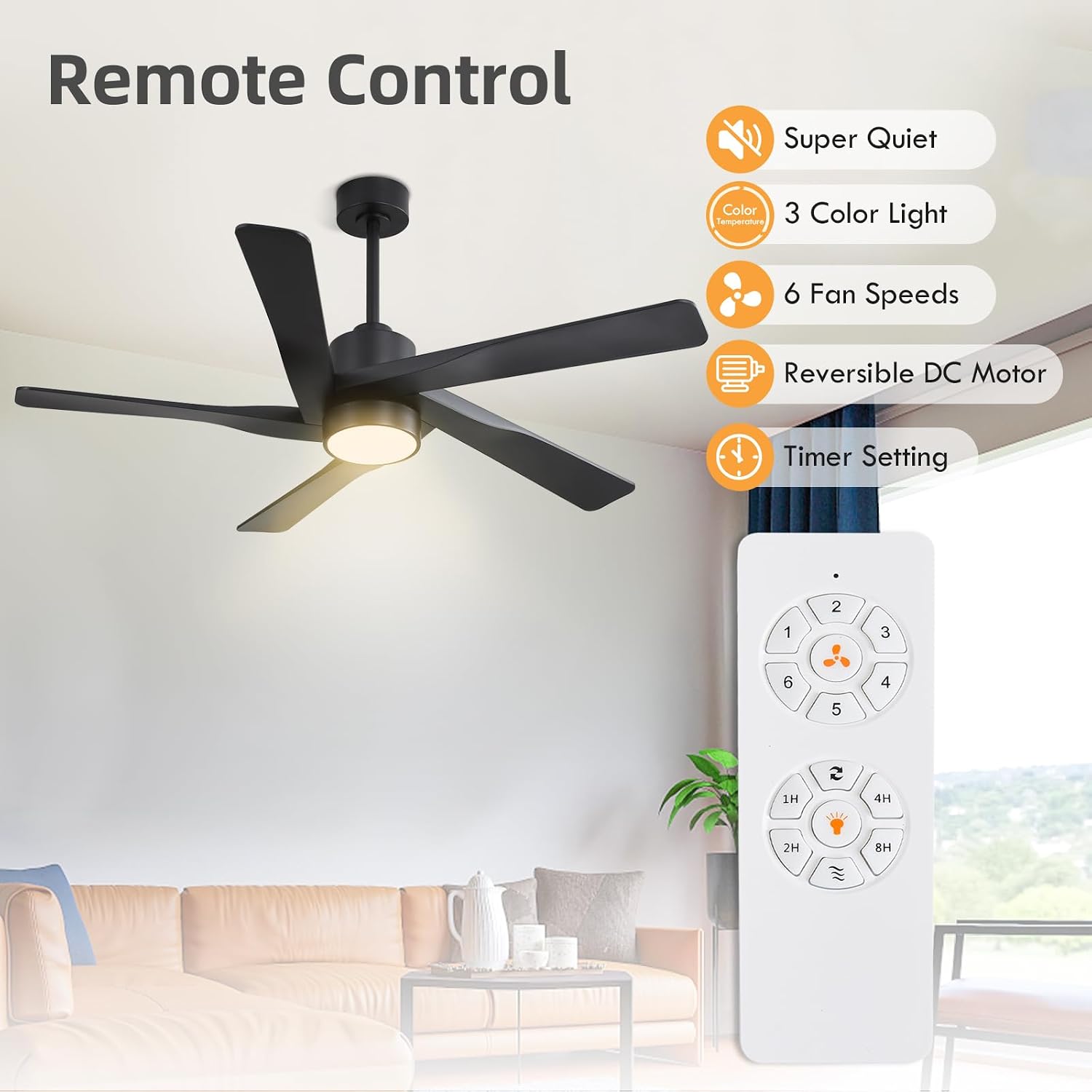 WINGBO 64' ABS DC Ceiling Fan with Lights, 5 Blade ABS Plastic Ceiling Fan with Remote, 6-Speed Reversible DC Motor, LED Ceiling Fans for Kitchen Bedroom Living Room, Matte Black